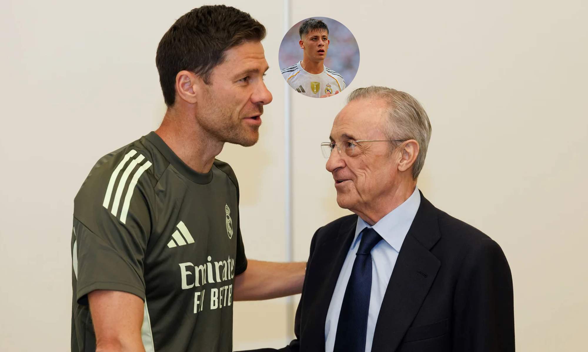 Xabi Alonso con Florentino Pérez y una foto de Arda Güler.