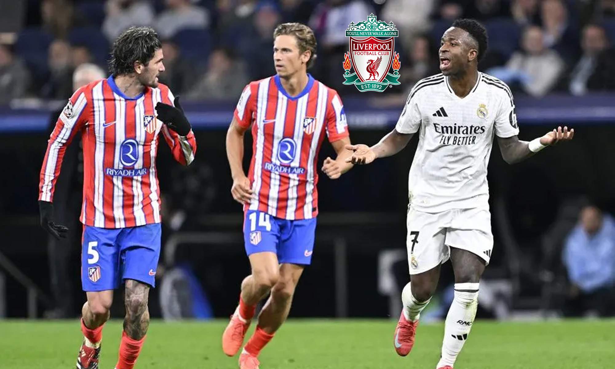 Vinícius Júnior, Marcos Llorente y Rodri de Paul en un Atlético - Real Madrid.