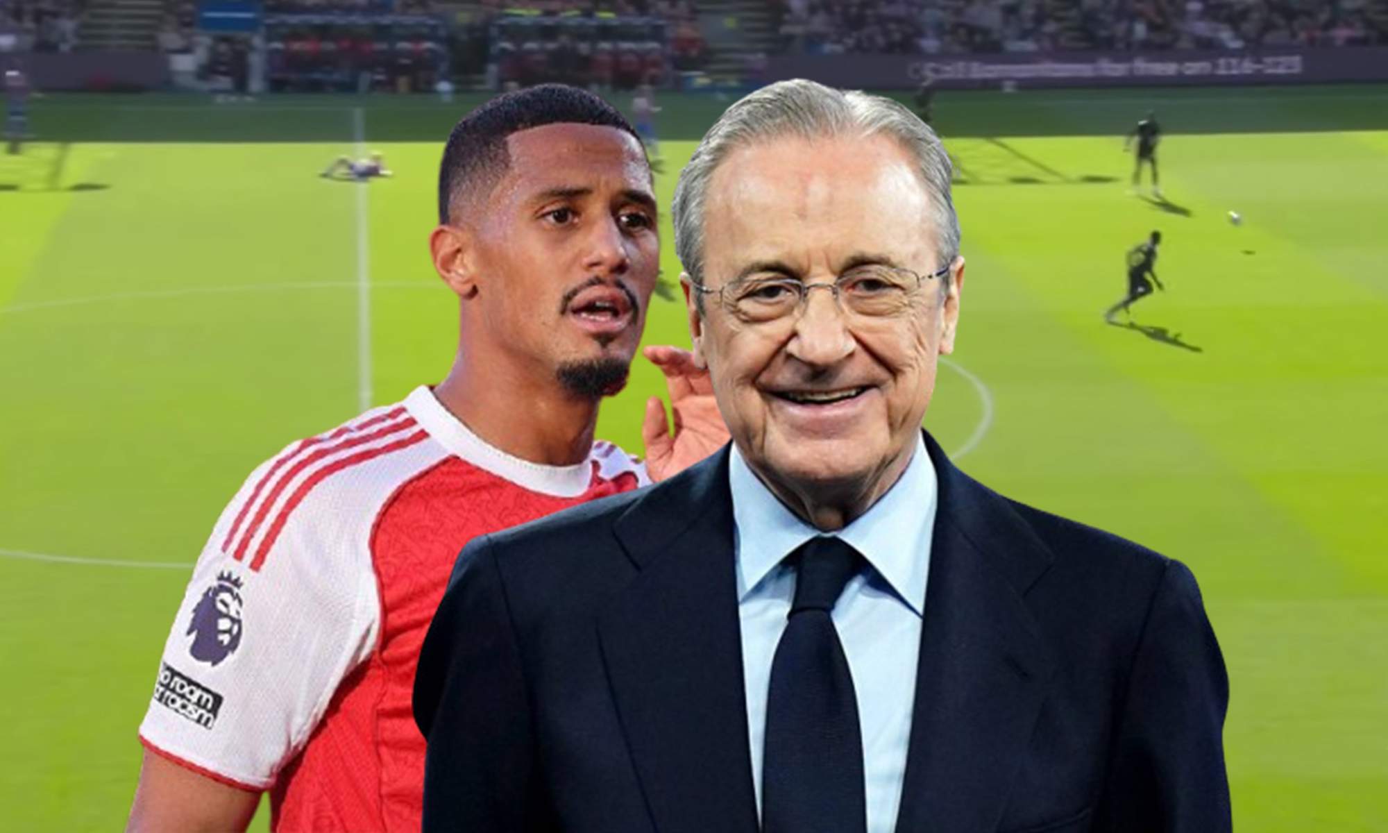 Florentino Pérez, William Saliba y una captura de un partido del Crystal Palace. 