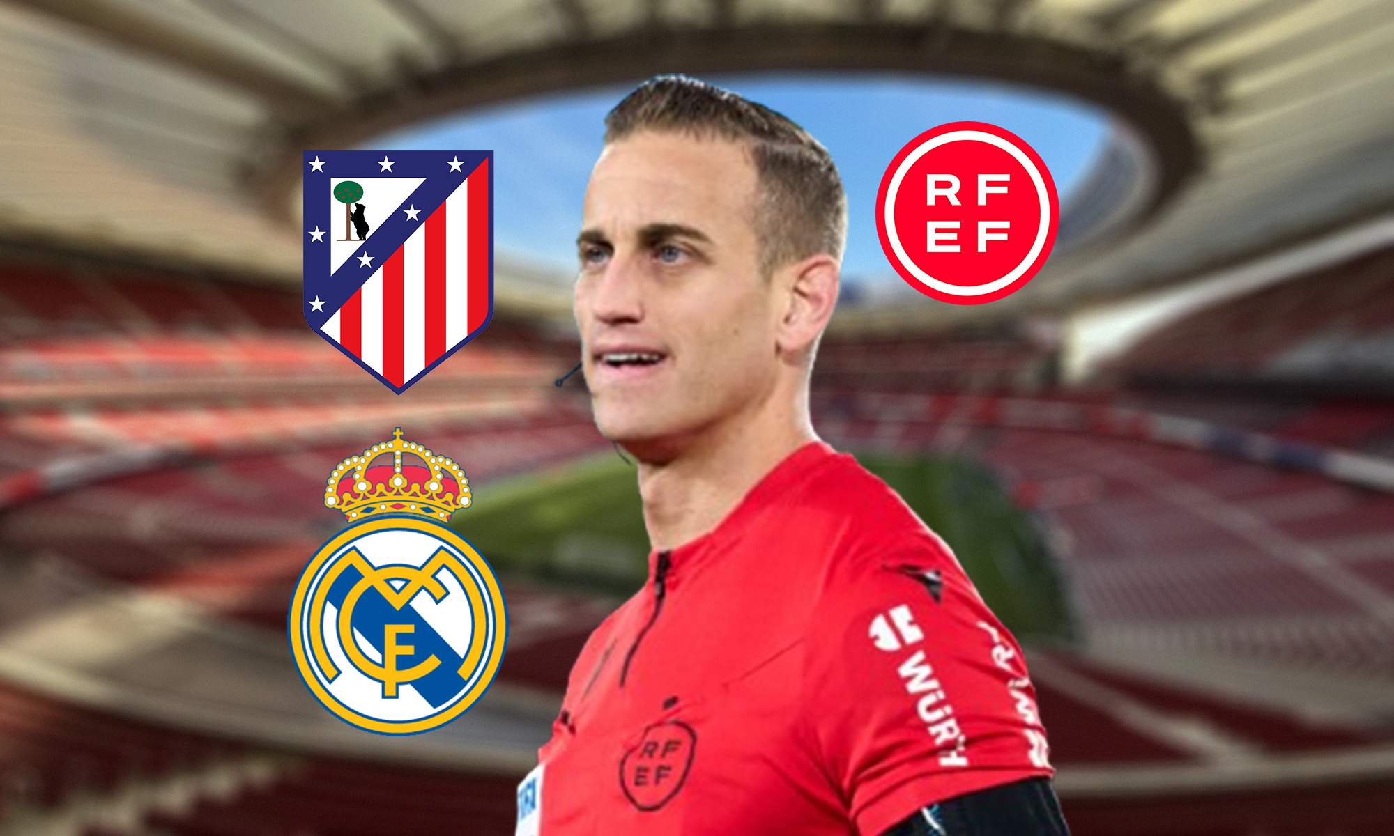 Alberola Rojas, los escudos del Atlético de Madrid y del Real Madrid y el logo de la RFEF.