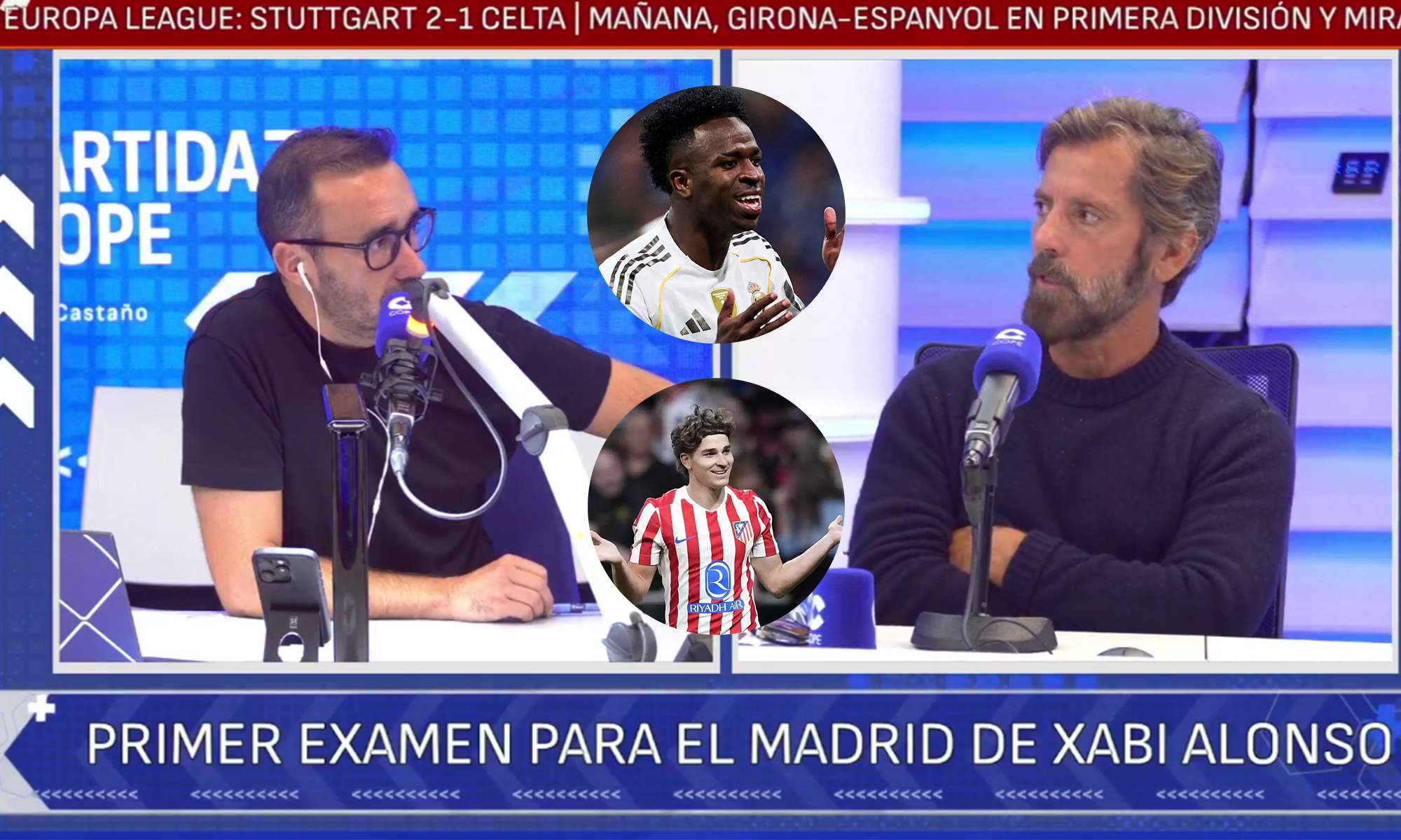 Quique Sánchez Flores y unas fotos de Vinícius y Julián.