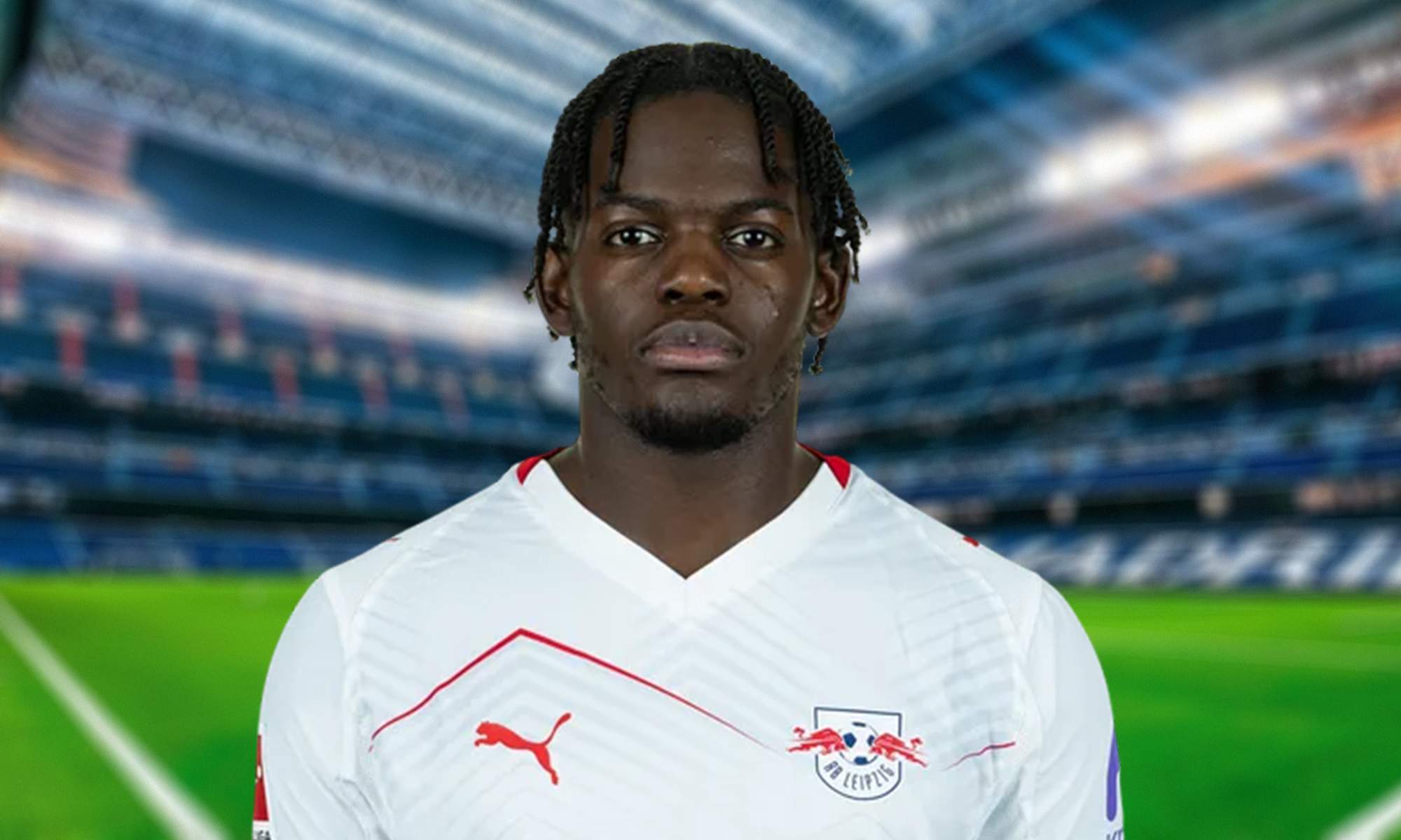 Lukeba con la camiseta del Leipzig y el Santiago Bernabéu.