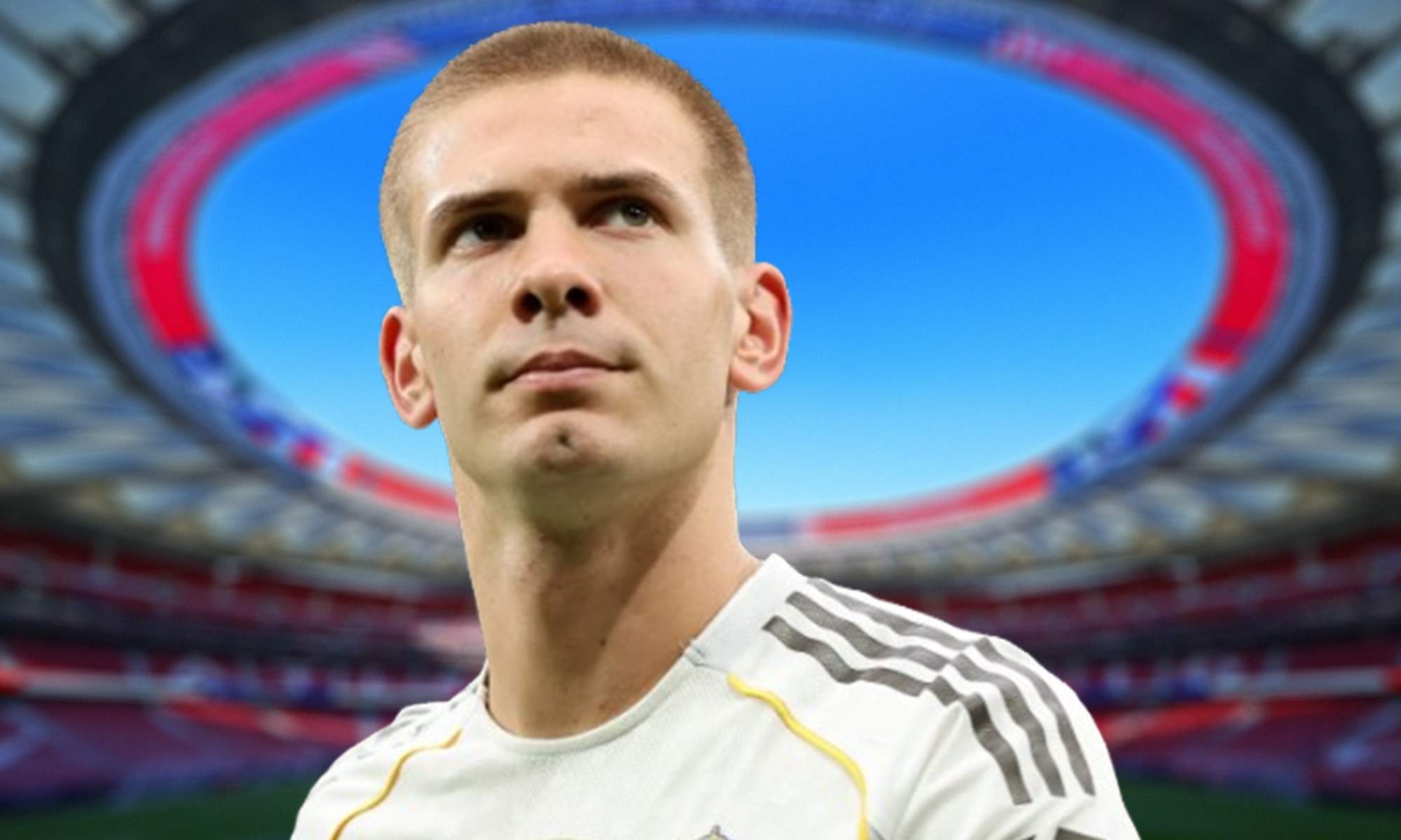 Franco Mastantuono y el estadio del Atlético de Madrid.