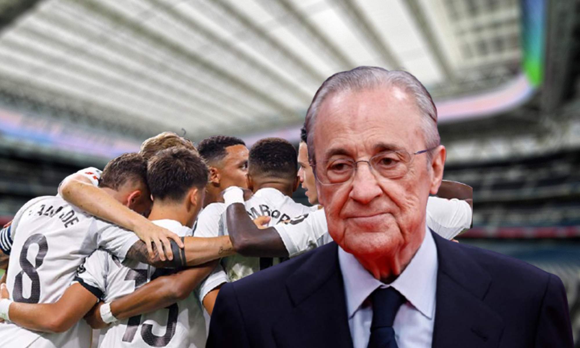 Florentino Pérez y jugadores del Real Madrid celebrando gol en el Bernabéu.