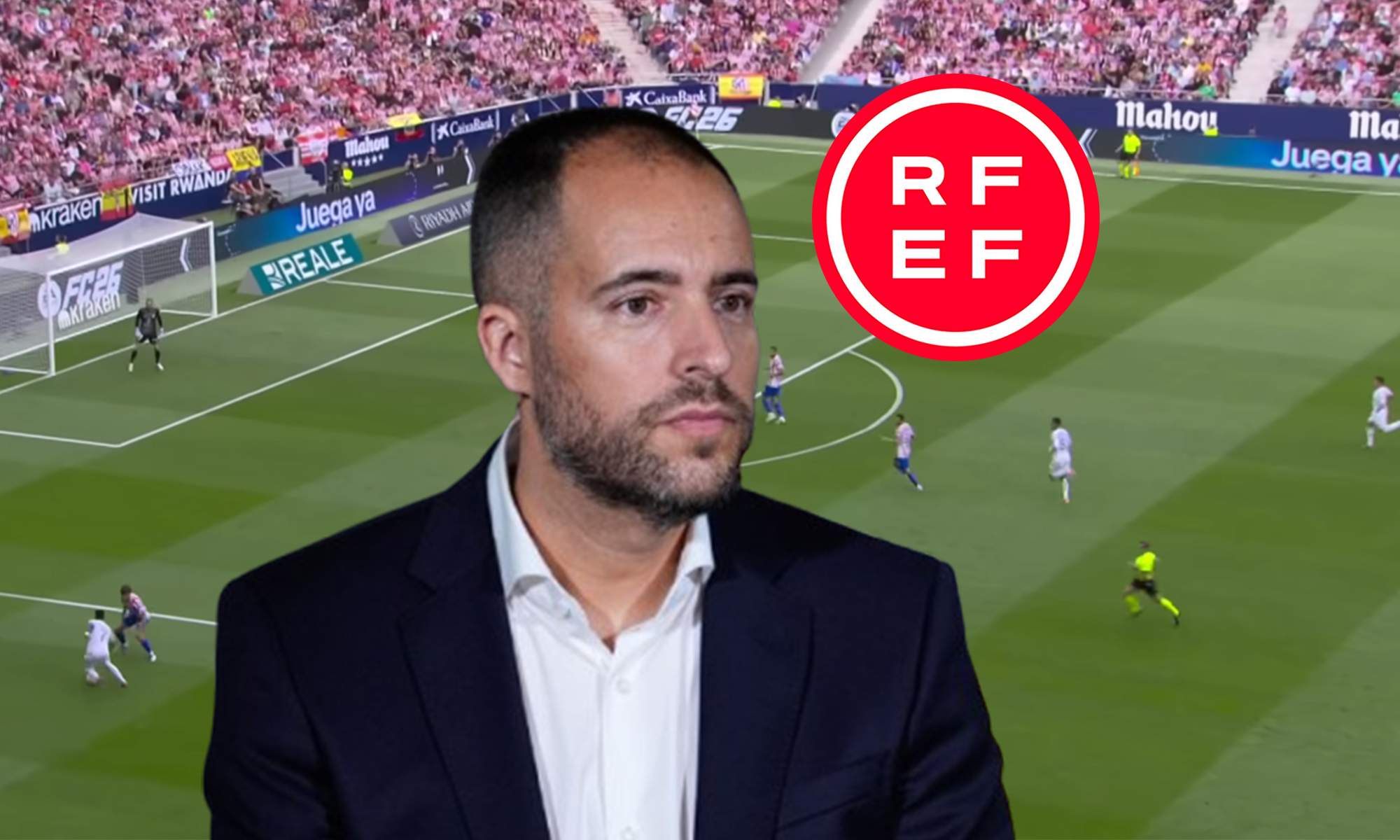 Fran Soto, el logo de la RFEF y una captura del Atlético - Real Madrid.
