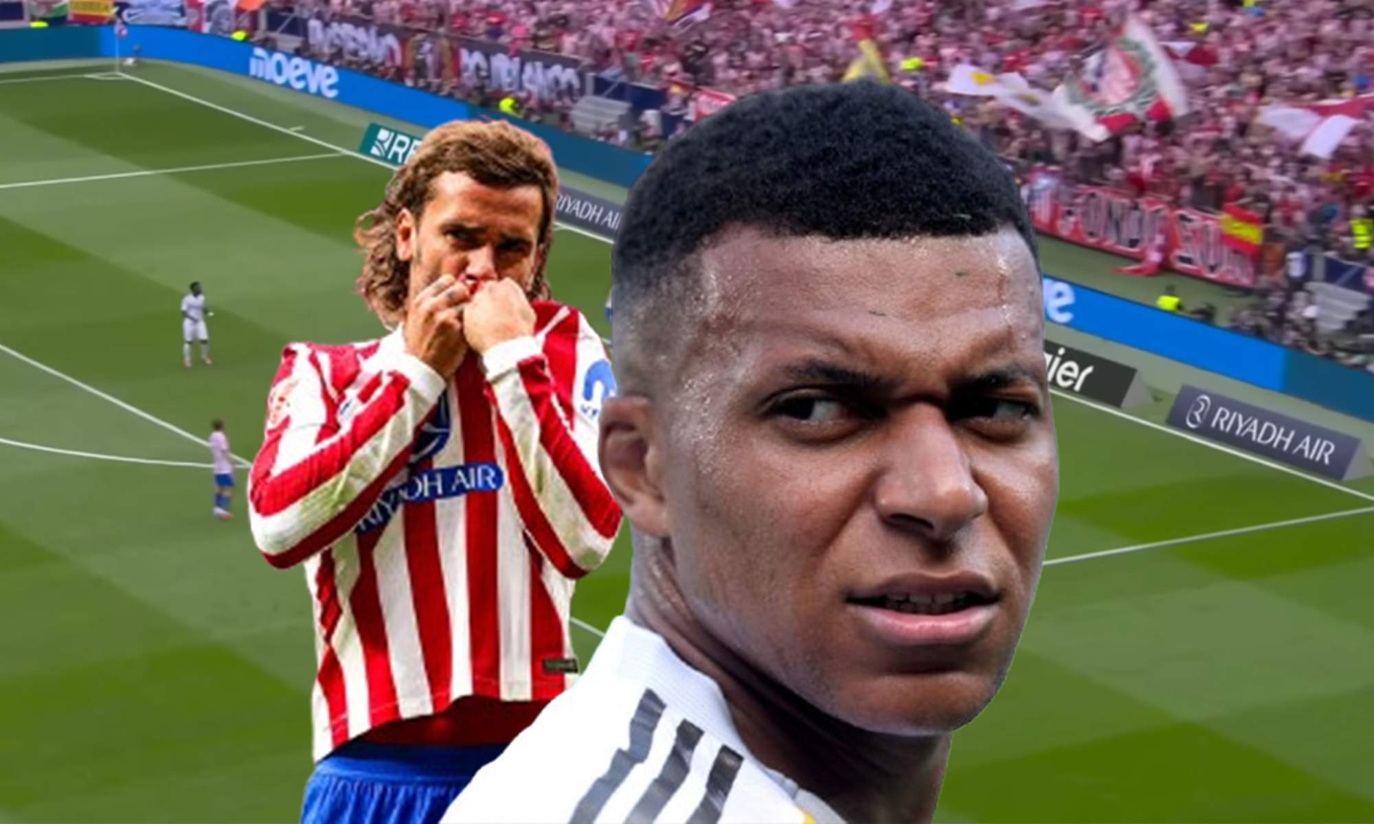 Kylian Mbappé, Antoine Griezmann y una captura del Atlético - Real Madrid.
