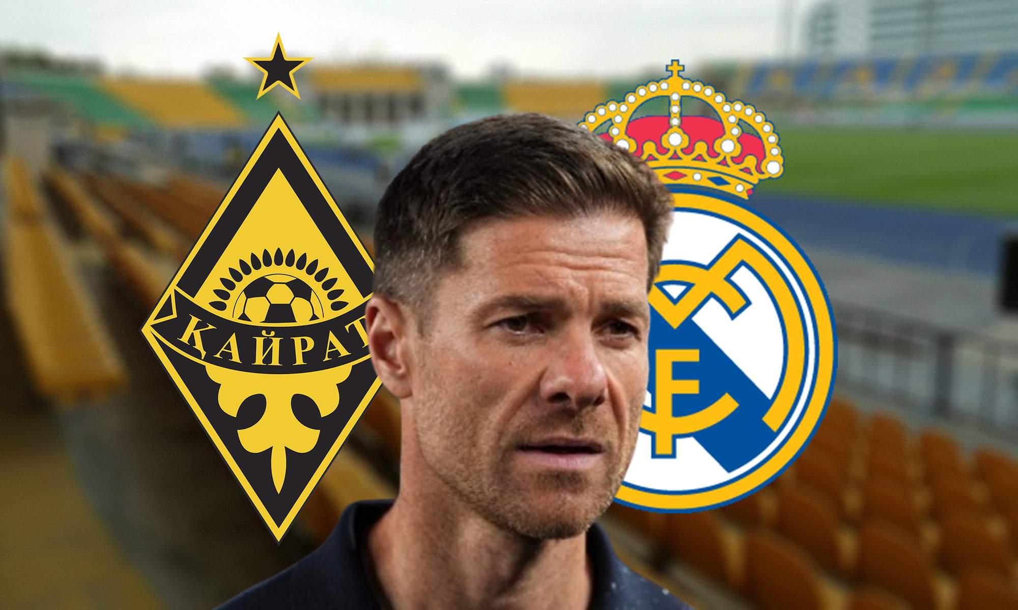 Xabi Alonso, el escudo del Kairat Almaty y el del Real Madrid.