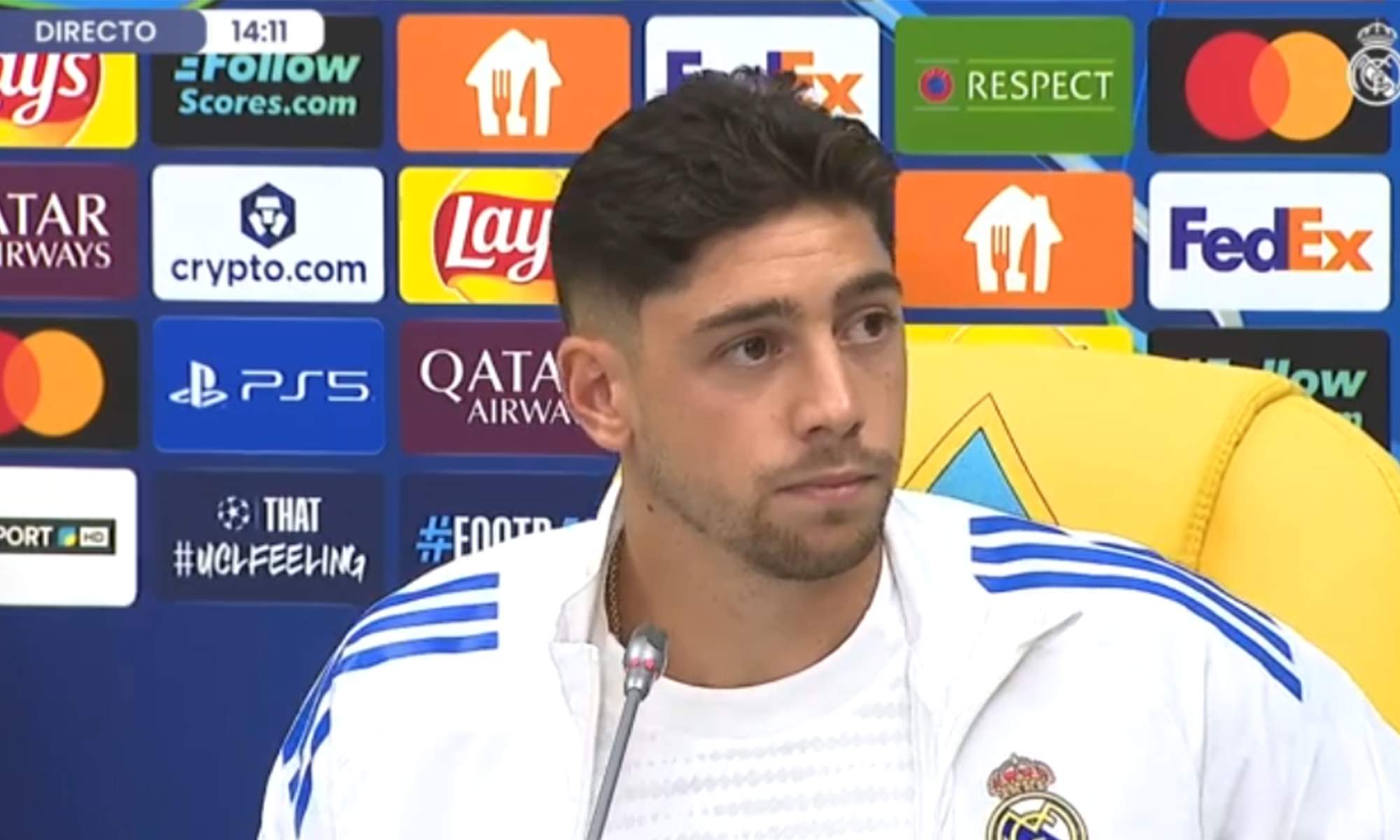 Fede Valverde en rueda de prensa con el Real Madrid.