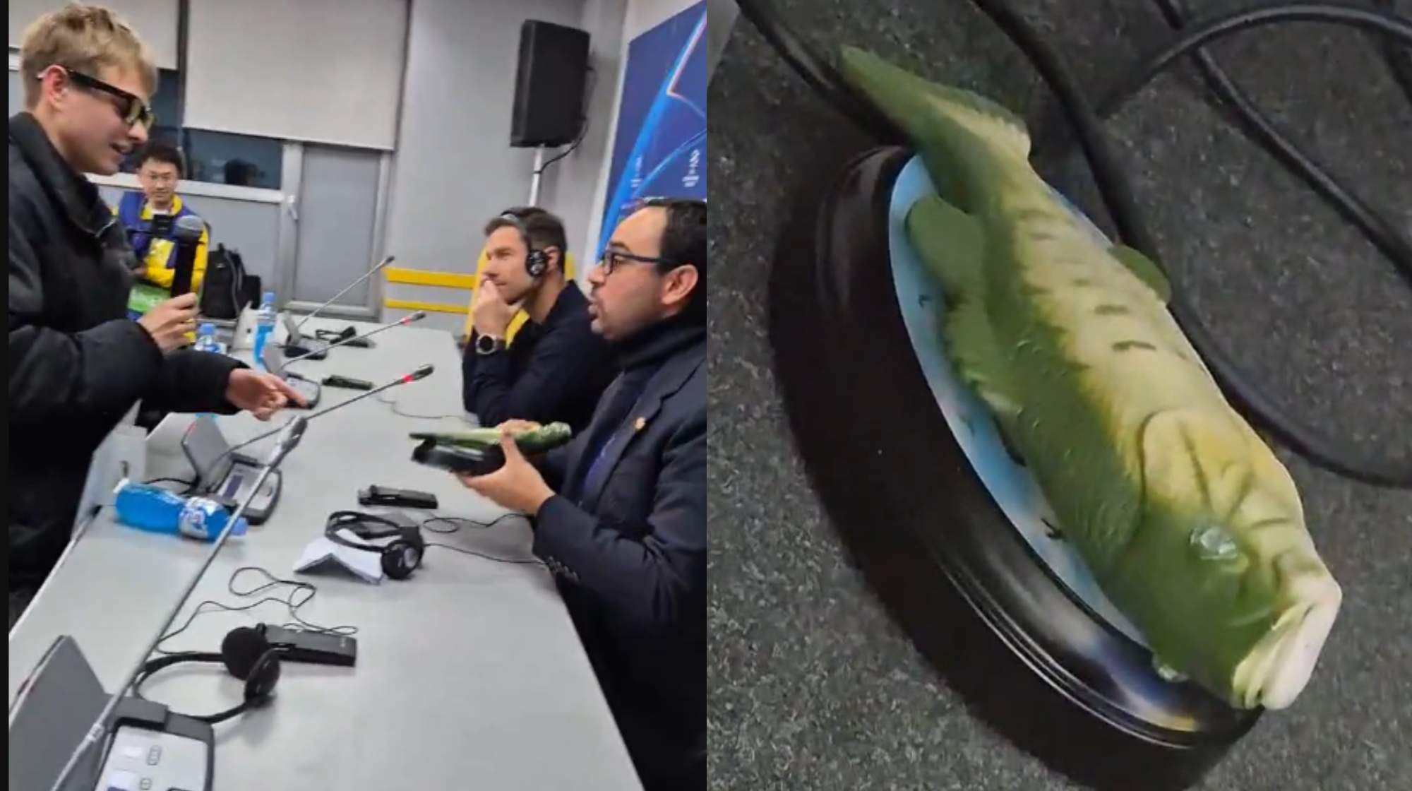 A Xabi Alonso le regalan un pez en Almaty. 