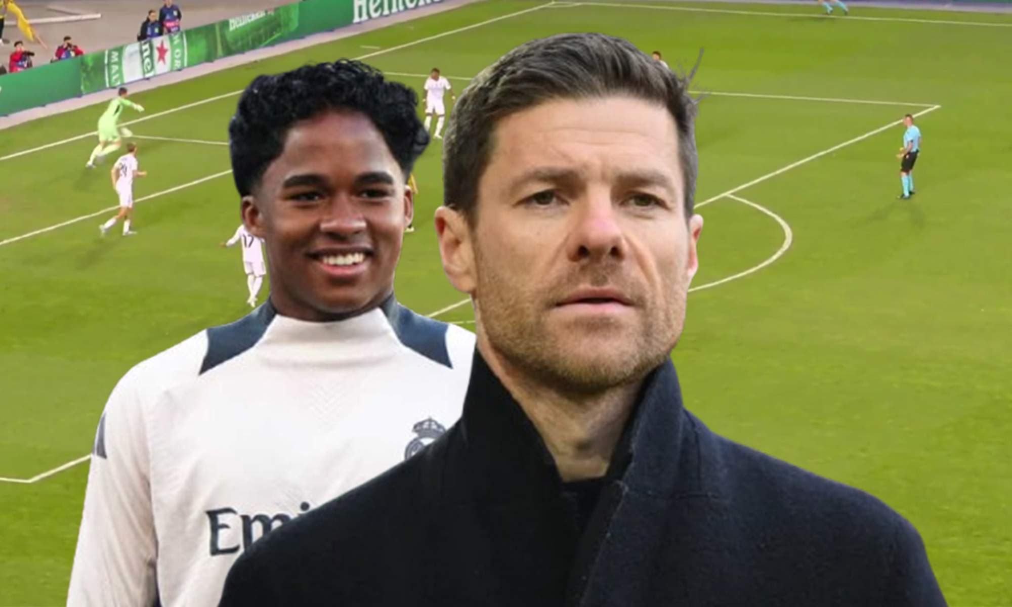 Xabi Alonso, Endrick y una captura del Kairat Almaty - Real Madrid. Xabi Alonso, Endrick y una captura del Kairat Almaty - Real Madrid.