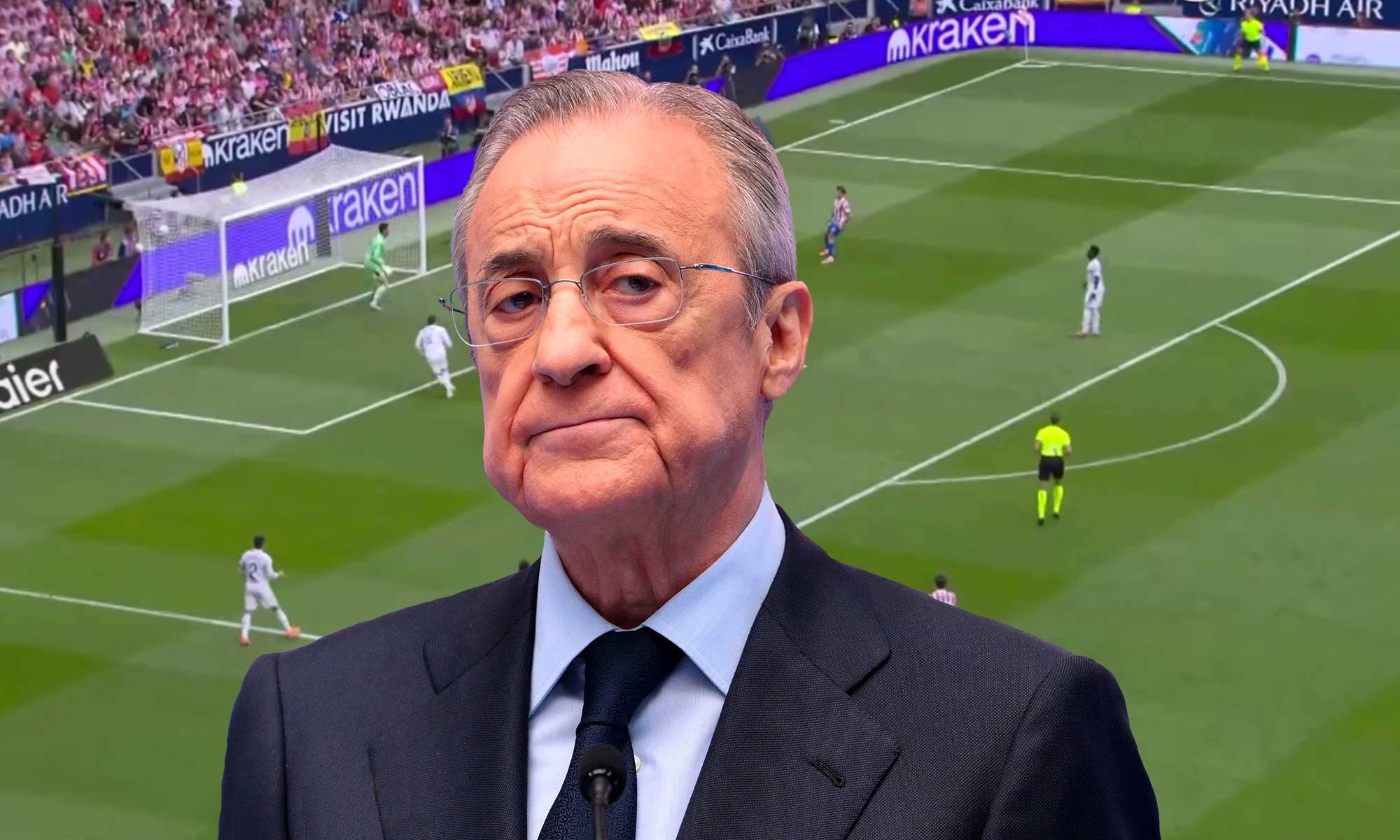 Florentino Pérez y una captura del vídeo del CTA sobre el derbi. Florentino Pérez y una captura del vídeo del CTA sobre el derbi.