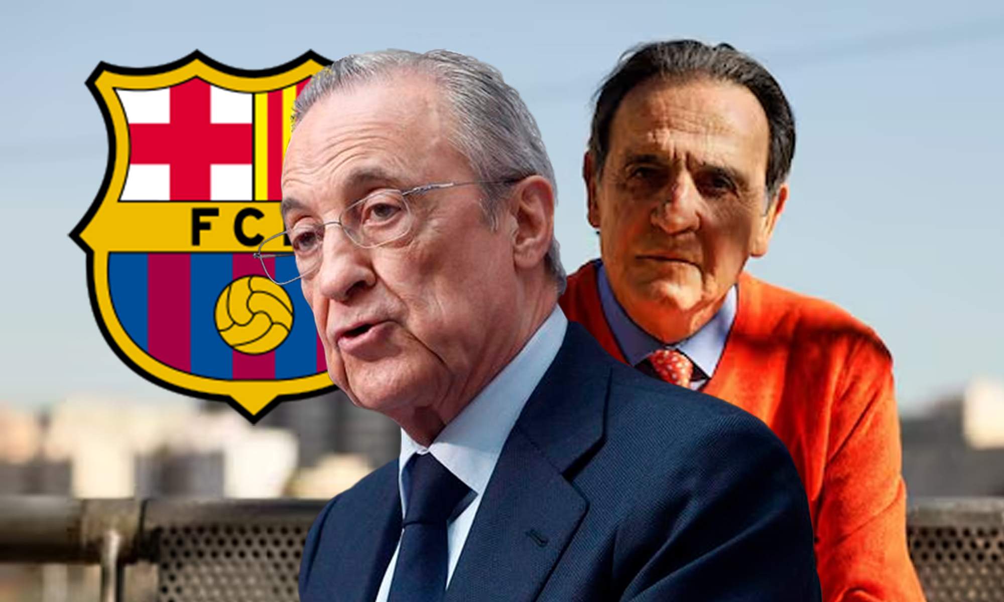 Florentino Pérez, Enríquez Negreira y el escudo del Barcelona.