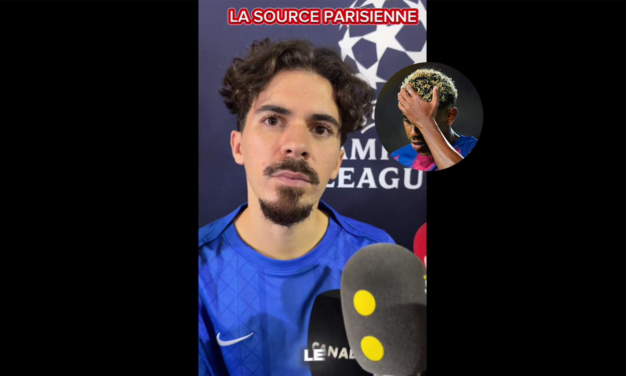 Vitinha hablando en la zona mixta y una foto de Lamine Yamal en el partido.