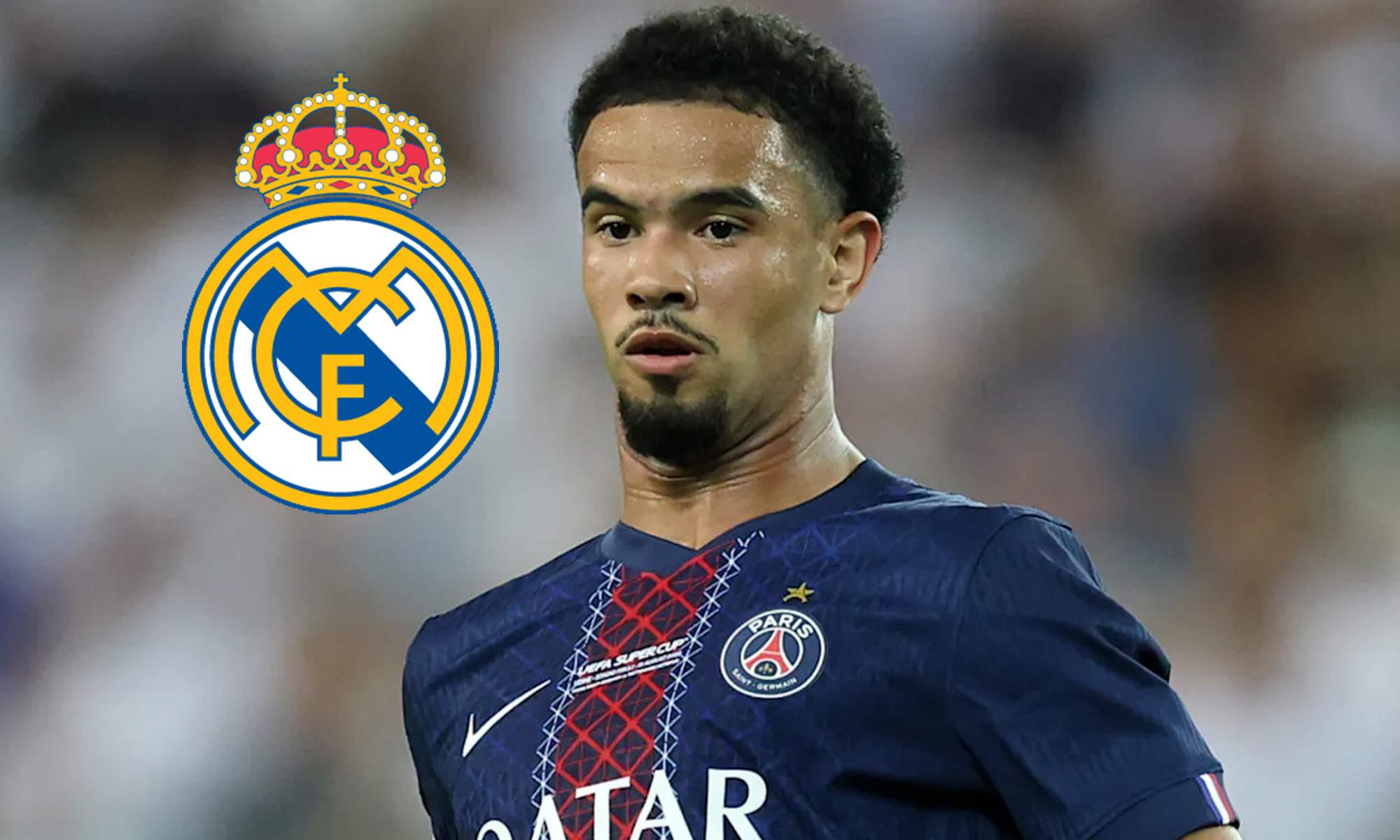 Zaire-Emery con la camiseta del Paris Saint-Germain y el escudo del Real Madrid.