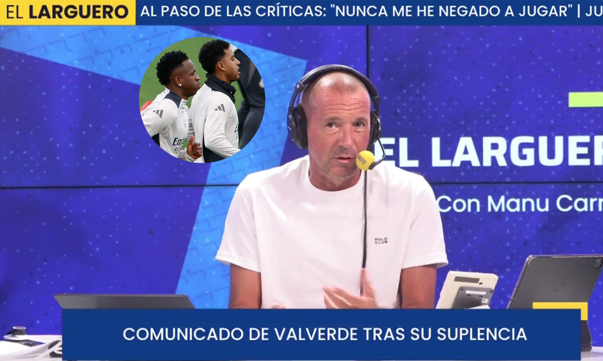 Manu Carreño en El Larguero y una foto de Vinícius Júnior y Rodrygo Goes. Manu Carreño en El Larguero y una foto de Vinícius Júnior y Rodrygo Goes.