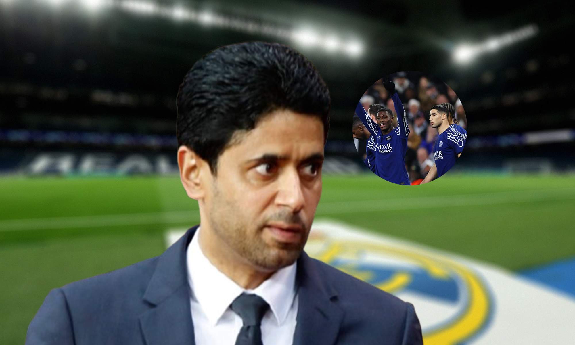 Nasser Al Khelaifi y una foto de Nuno Mendes y Achraf Hakimi.