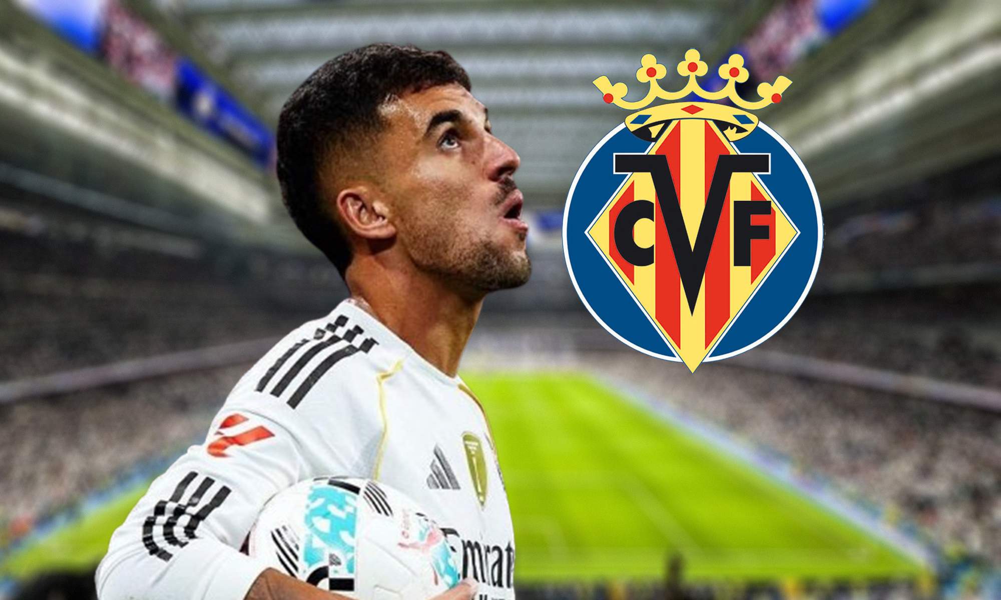 Dani Ceballos con la camiseta del Real Madrid y el escudo del Villarreal.