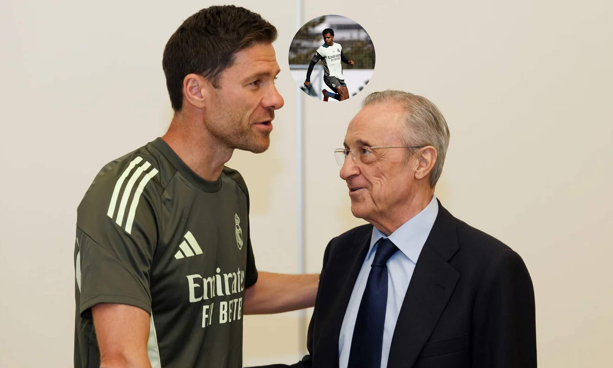 Xabi Alonso, Florentino Pérez y Rodrygo Goes. Xabi Alonso, Florentino Pérez y Rodrygo Goes.