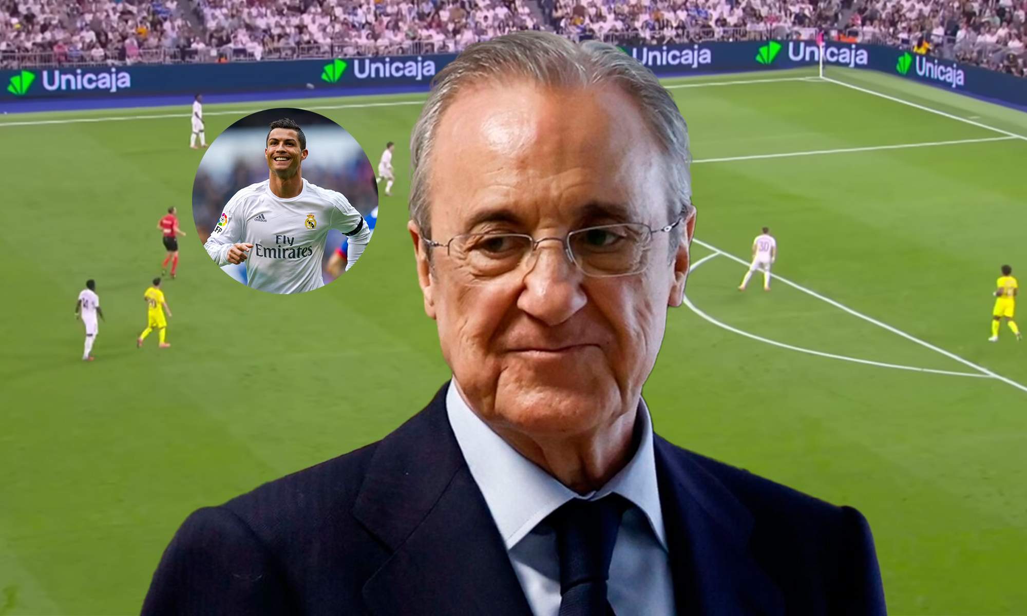 Florentino Pérez, una foto de Cristiano Ronaldo y una captura del Real Madrid - Villarreal.