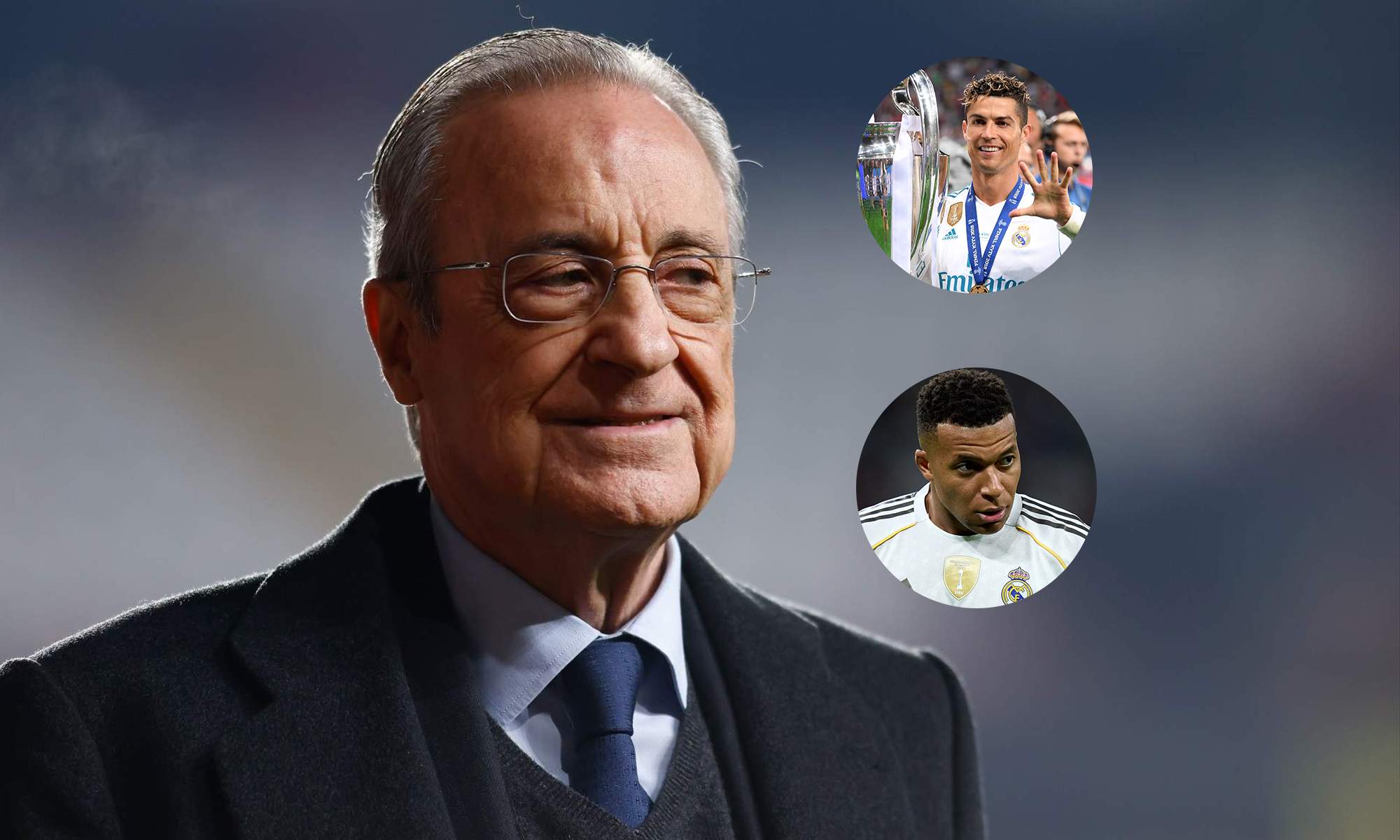 Florentino Pérez y una foto de Cristiano Ronaldo y Kylian Mbappé.  Florentino Pérez y una foto de Cristiano Ronaldo y Kylian Mbappé.