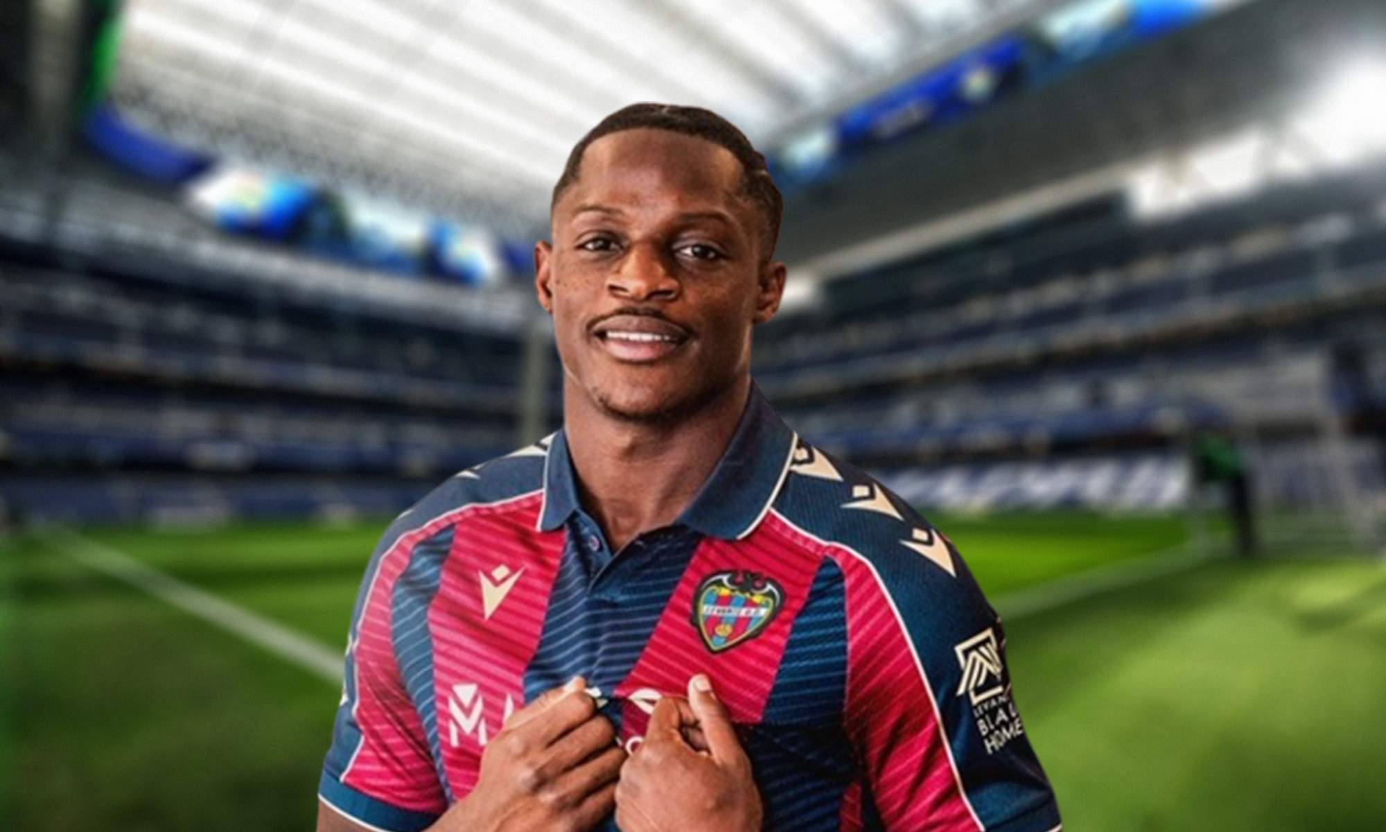 Etta Eyong con la camiseta del Levante y el Santiago Bernabéu.