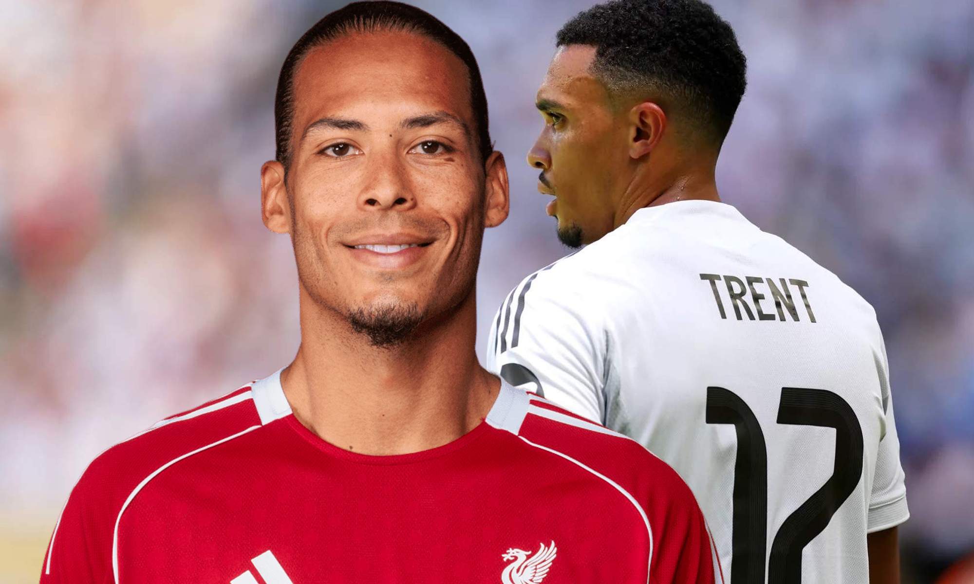 Van Dijk con la camiseta del Liverpool y una foto de Trent Alexander-Arnold con el Real Madrid.