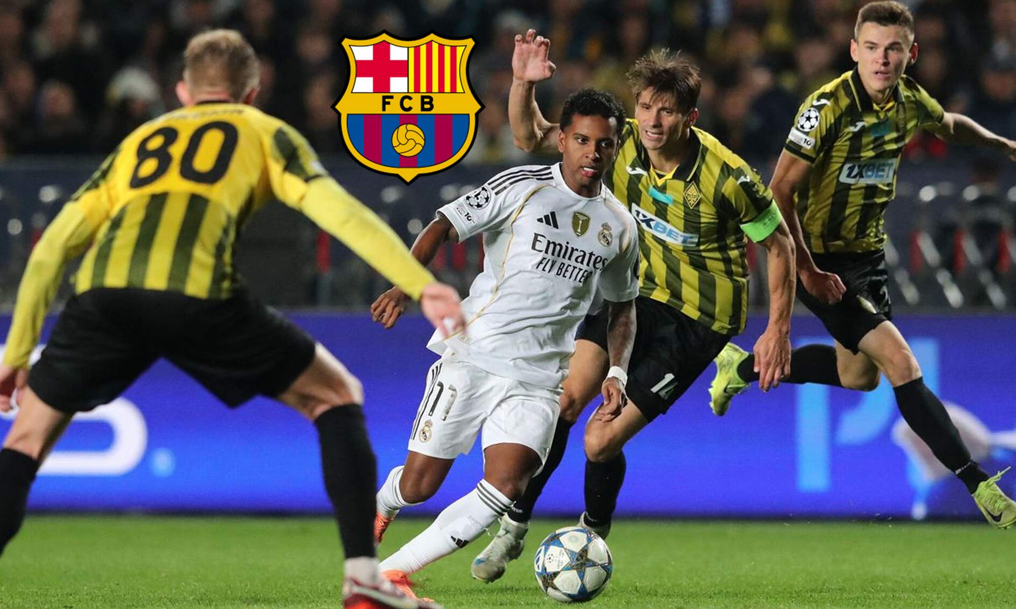 Rodrygo Goes jugando contra el Kairat Almaty y el escudo del Real Madrid.