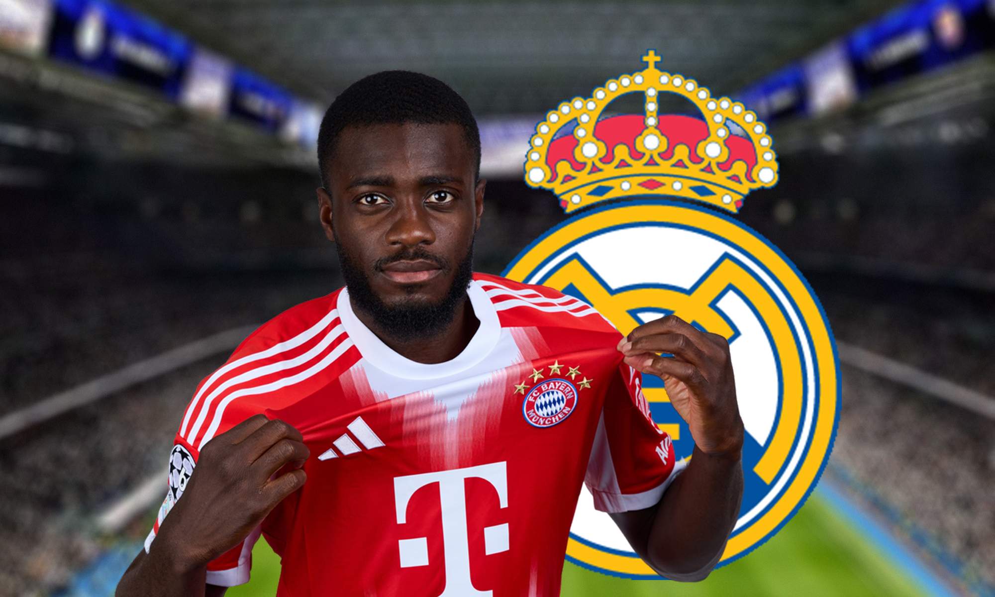 Upamecano jugando con el Bayern Múnich y el escudo del Real Madrid.