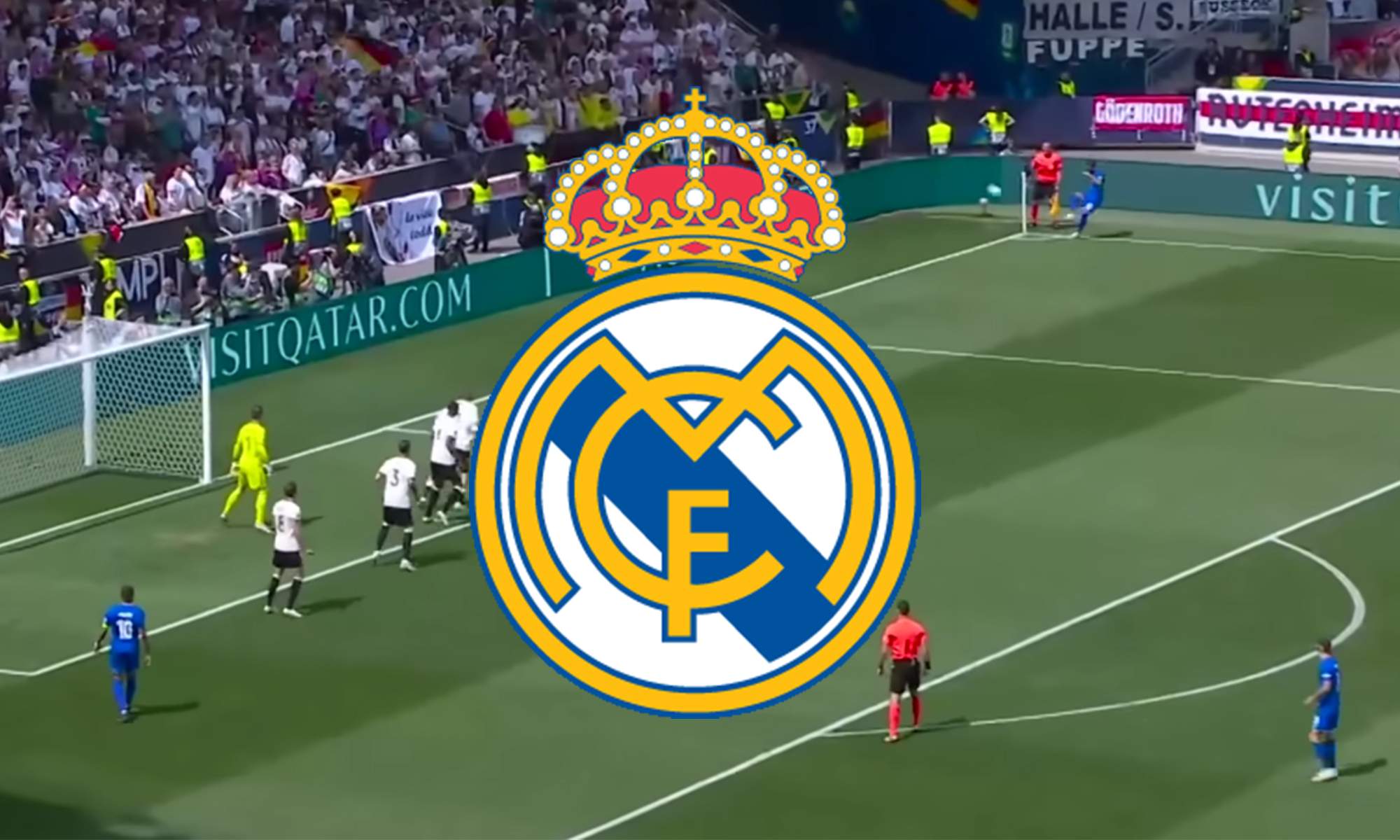 Captura de un partido de selecciones entre Francia y Alemania y el escudo del Real Madrid.