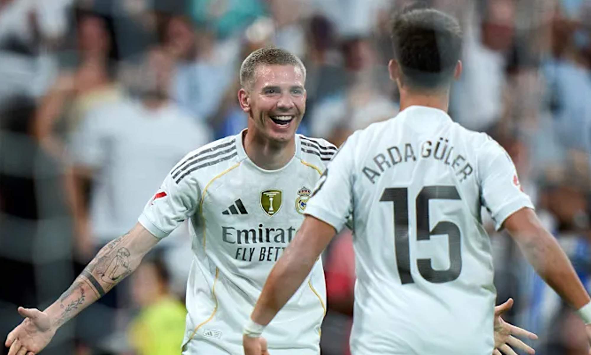 Franco Mastantuono y Arda Güler celebrando un gol con el Real Madrid. Franco Mastantuono y Arda Güler celebrando un gol con el Real Madrid.