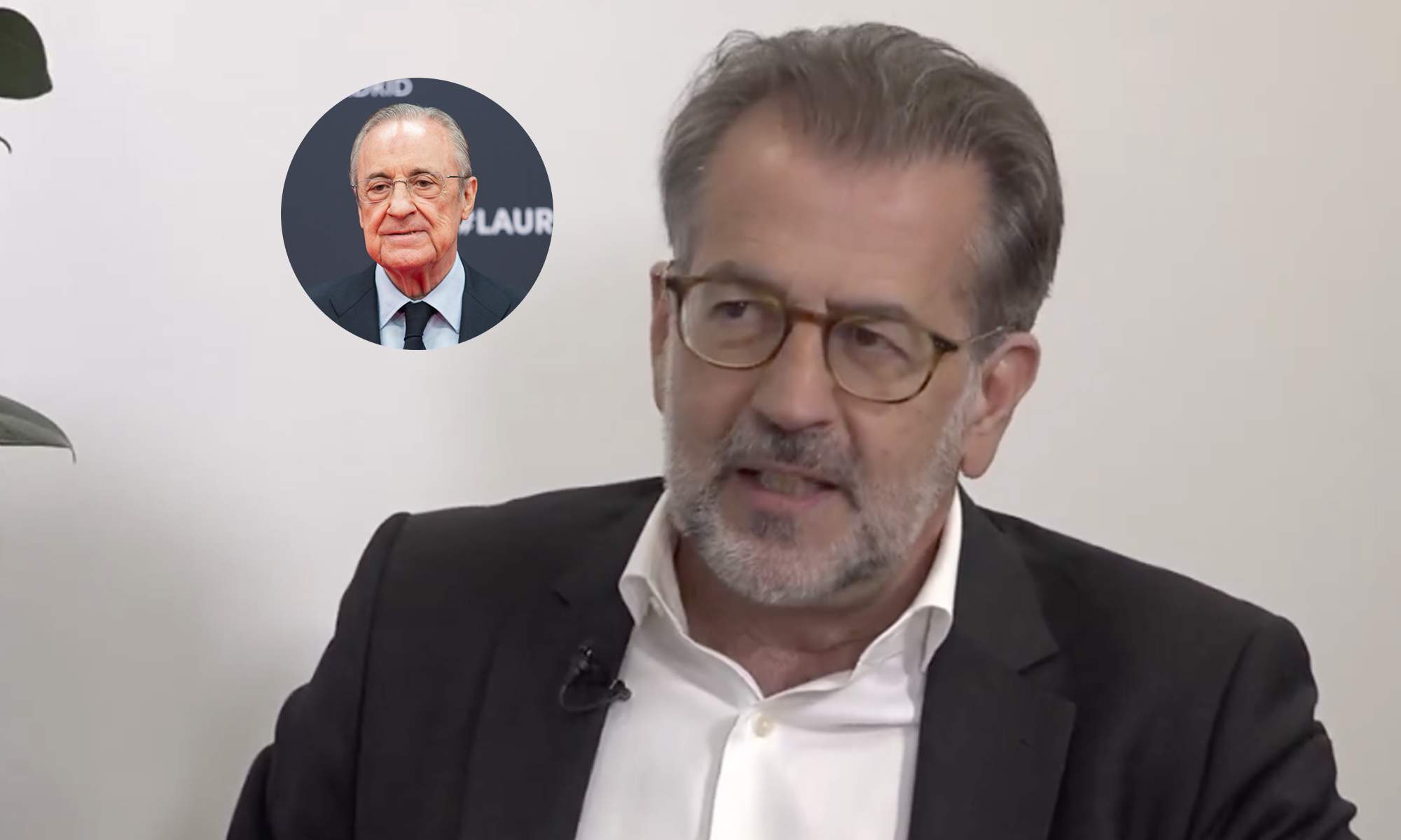 Toni Freixa en una entrevista y una foto de Florentino Pérez. 