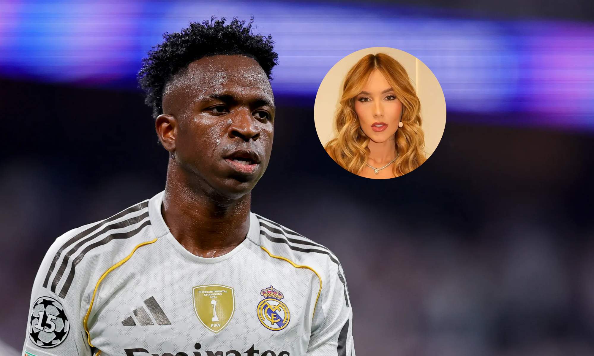 Vinícius Júnior jugando un partido con el Real Madrid y una foto de Virginia Fonseca.