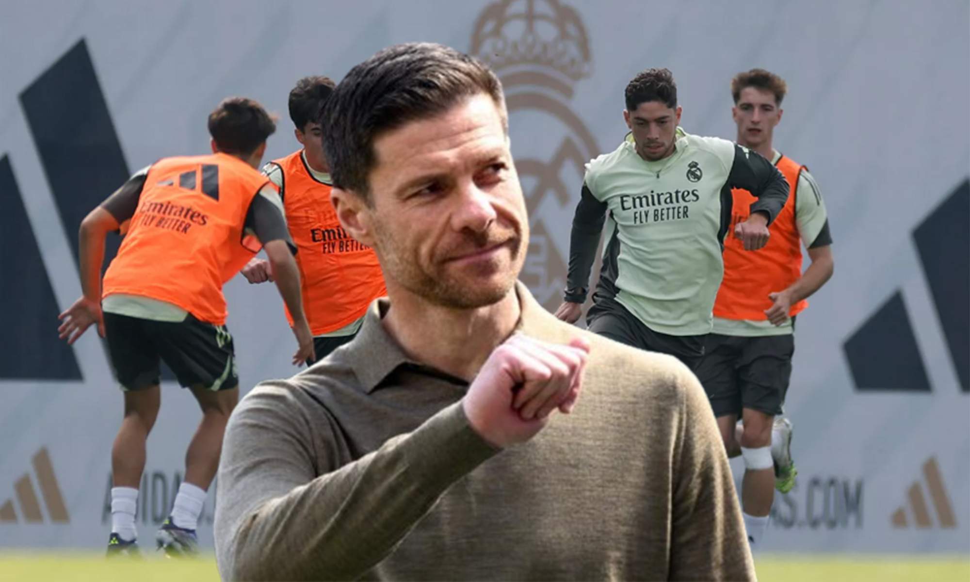 Xabi Alonso y una foto del entrenamiento de ayer en Valdebebas.