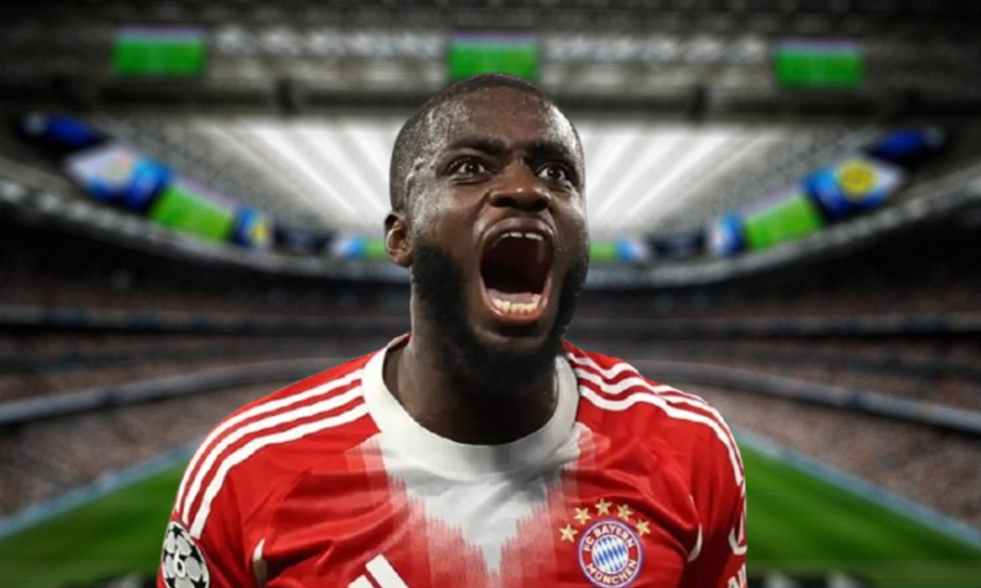 Upamecano con la camiseta del Bayern y el Santiago Bernabéu.