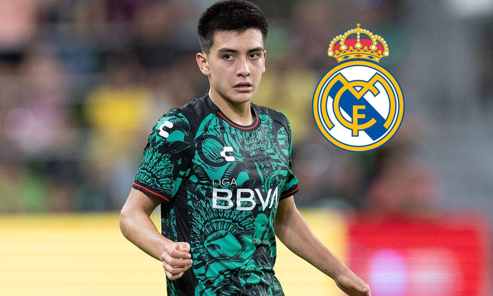 Gilberto Mora y un escudo del Real Madrid.