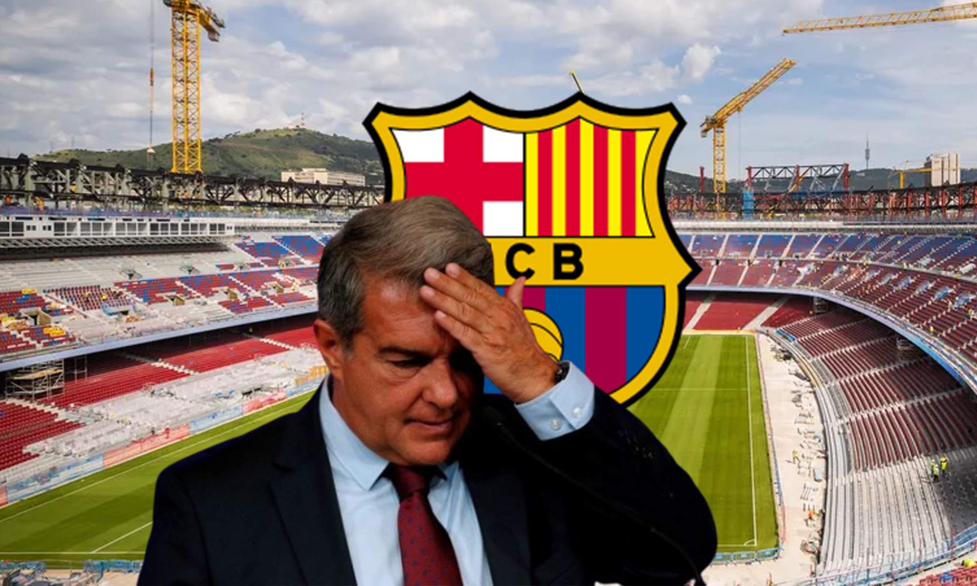 Joan Laporta, el escudo del Barcelona y el Camp Nou.
