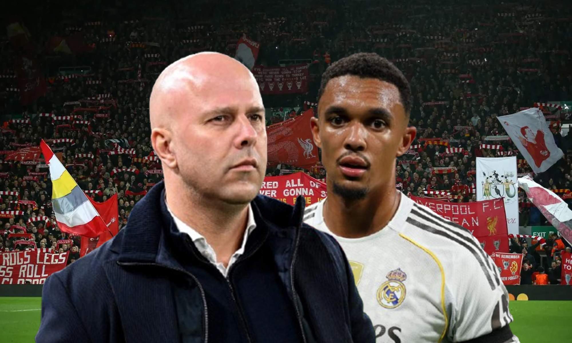 Slot, Trent Alexander-Arnold y el estadio de Anfield, Liverpool. 