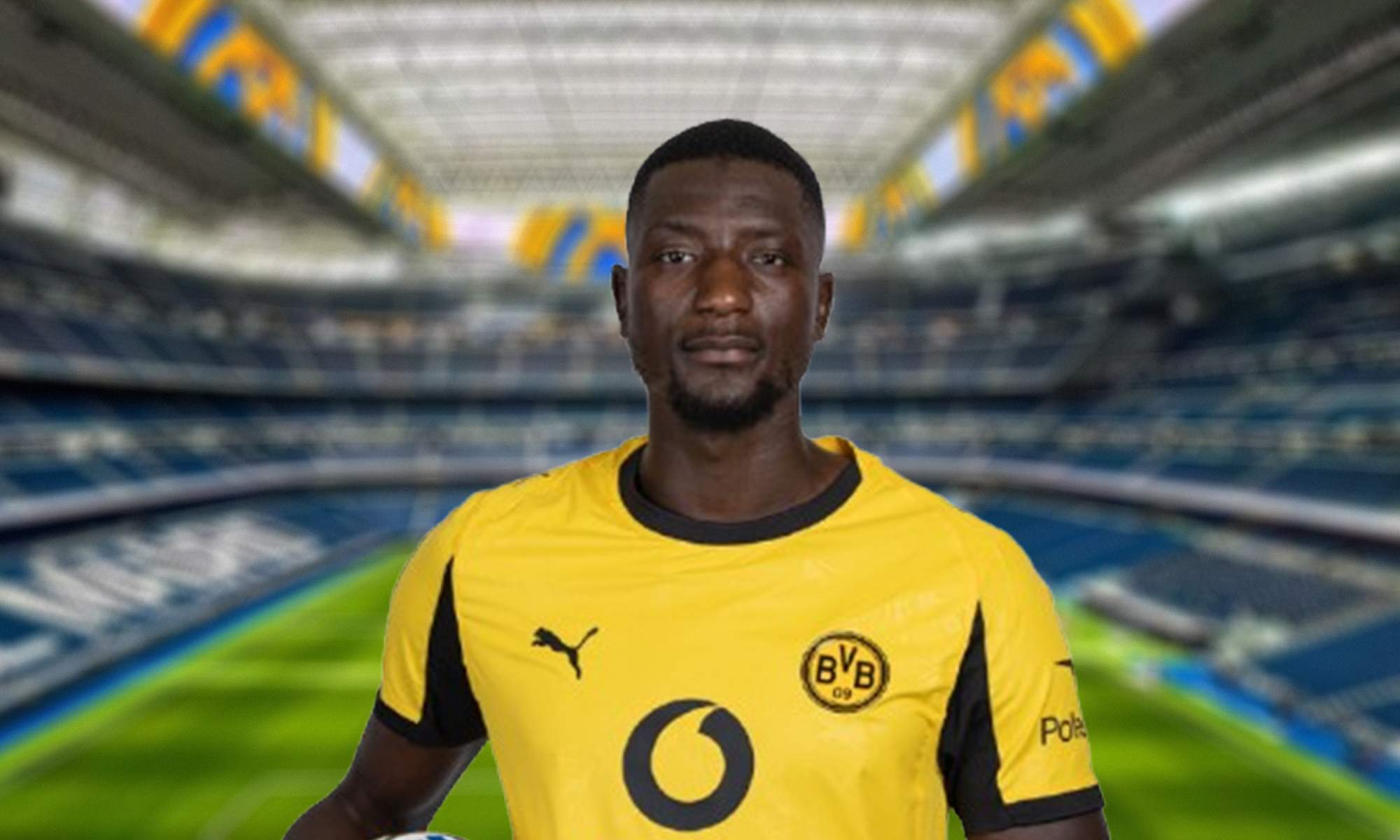 Serhou Guirassy con la camiseta del Borussia Dortmund y el Santiago Bernabéu.