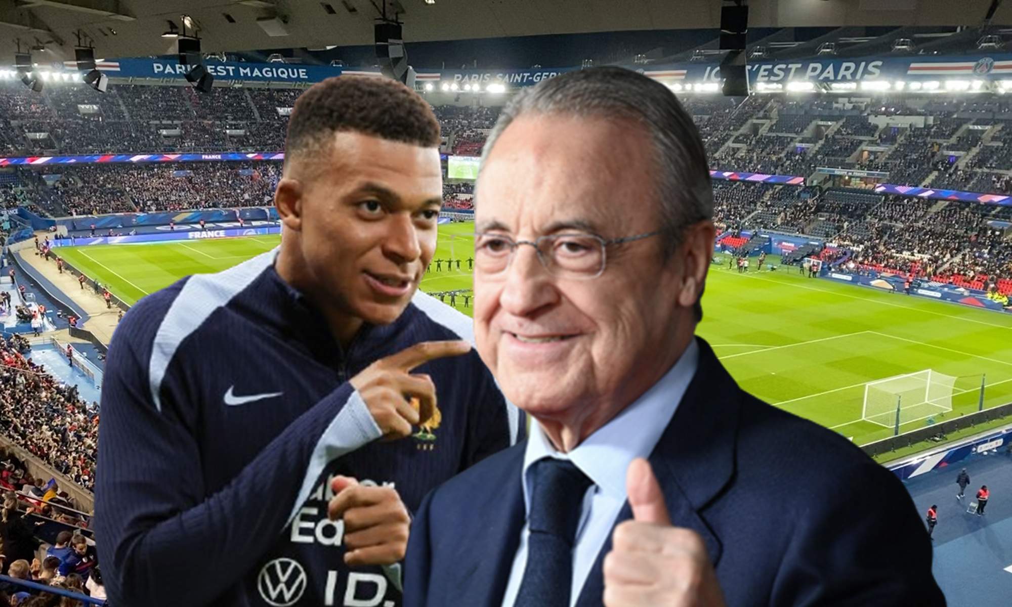 Florentino Pérez, Kylian Mbappé y el Parque de los Príncipes. Florentino Pérez, Kylian Mbappé y el Parque de los Príncipes.