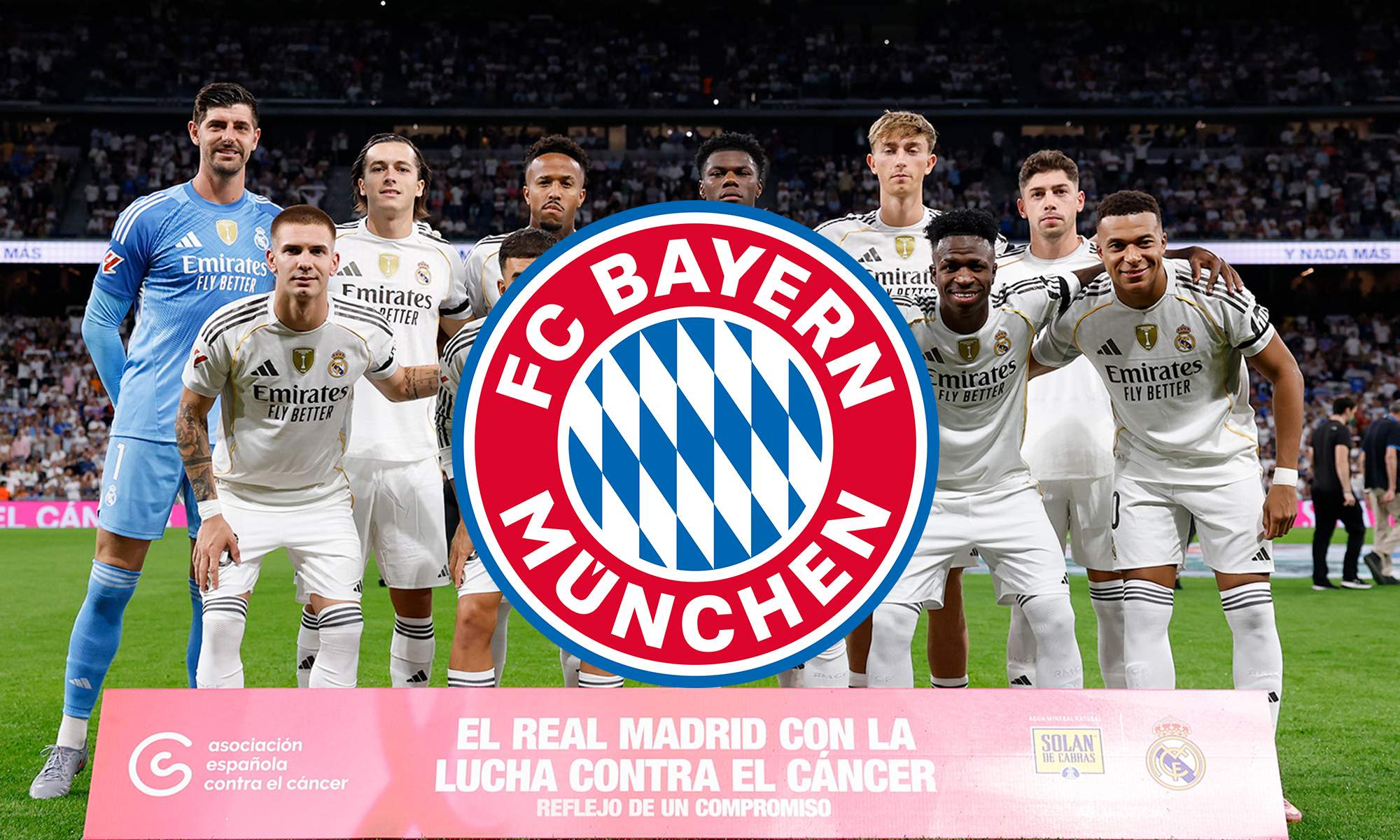 Once del Real Madrid en un partido y escudo del Bayern Múnich.