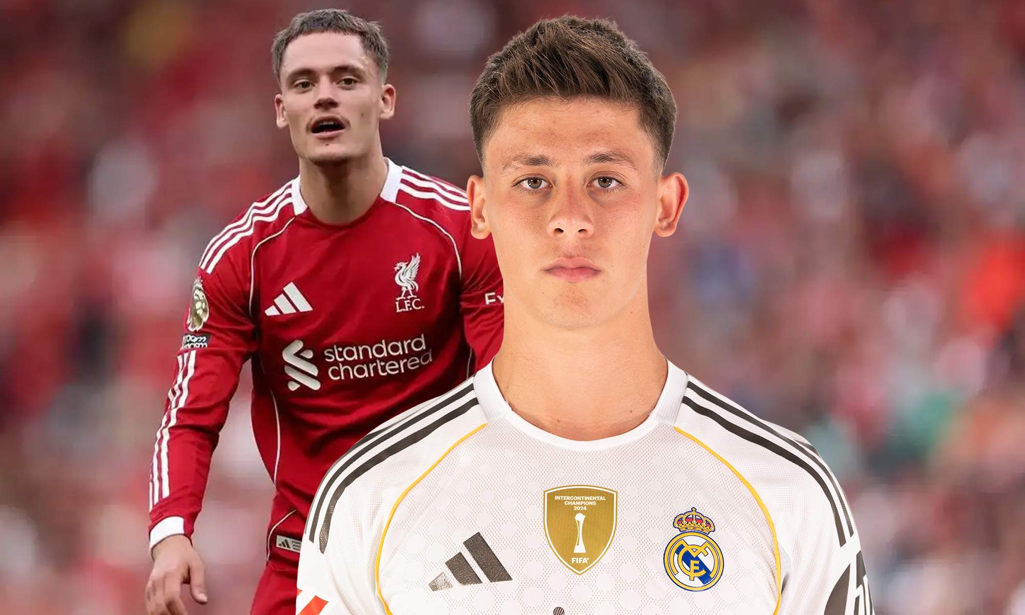 Arda Güler con la camiseta del Real Madrid y Florian Wirtz con la del Liverpool. Arda Güler con la camiseta del Real Madrid y Florian Wirtz con la del Liverpool.