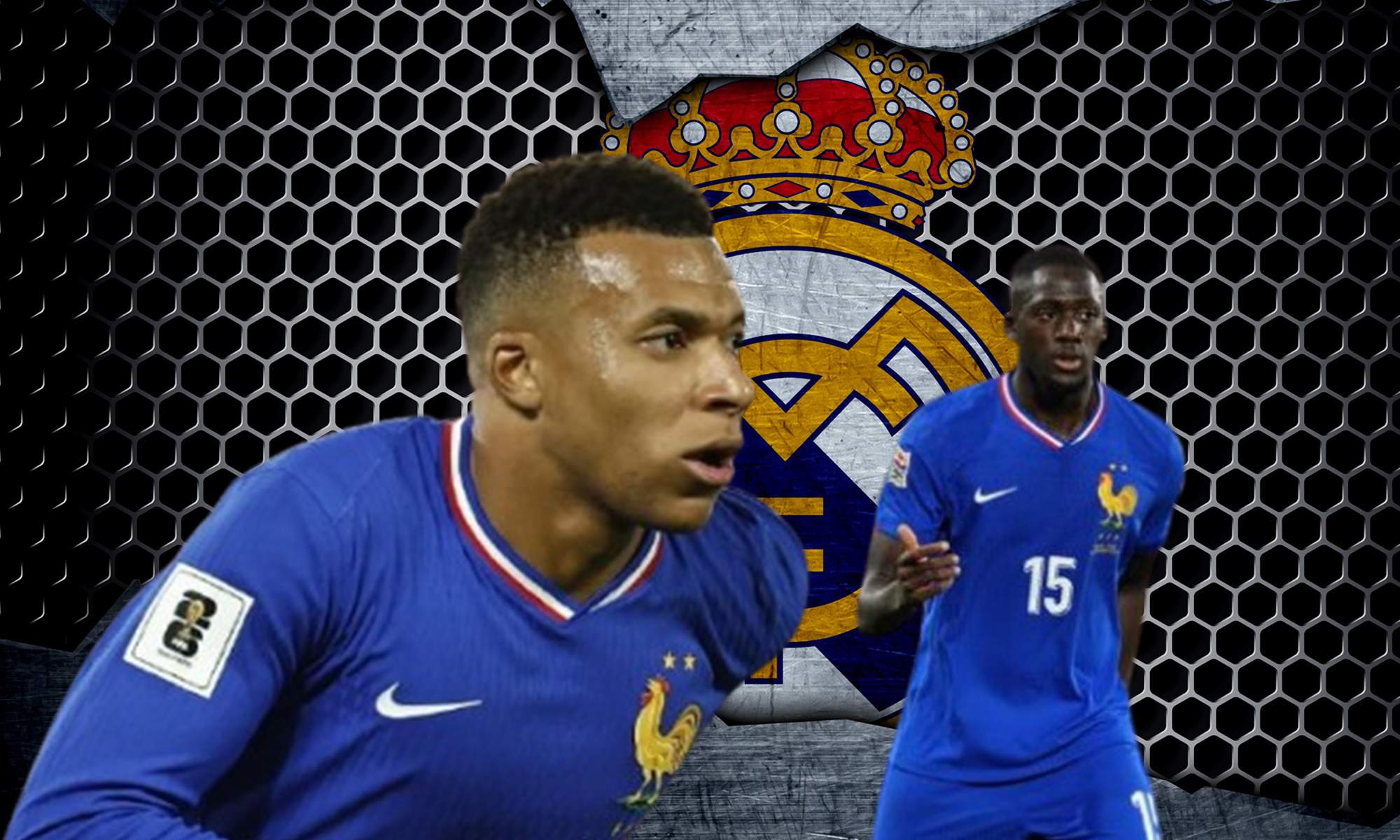 Kylian Mbappé, Ibrahima Konaté y un escudo del Real Madrid. Kylian Mbappé, Ibrahima Konaté y un escudo del Real Madrid.
