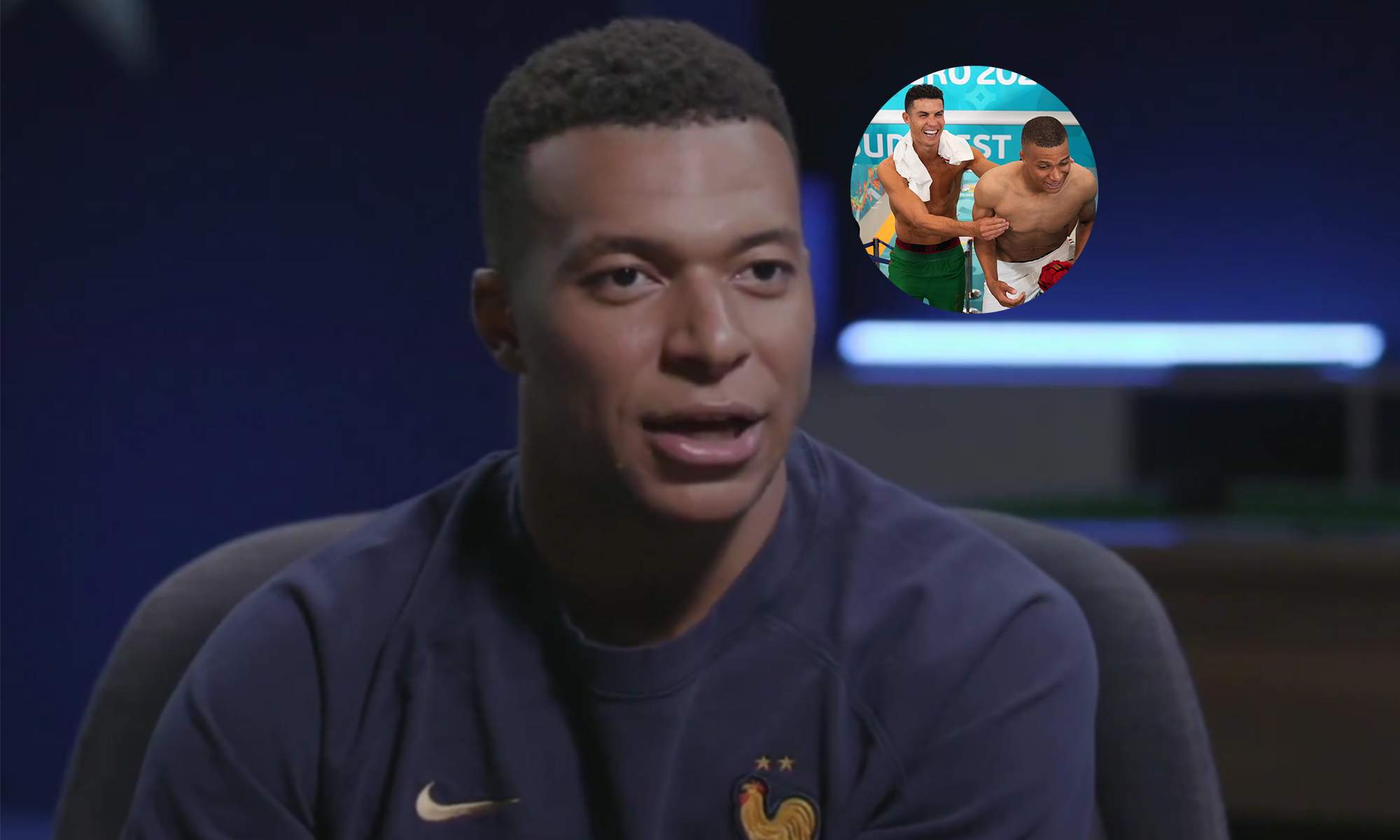 Kylian Mbappé dando una entrevista en la concentración con la Selección Francesa y Cristiano Ronaldo. Kylian Mbappé dando una entrevista en la concentración con la Selección Francesa y Cristiano Ronaldo.