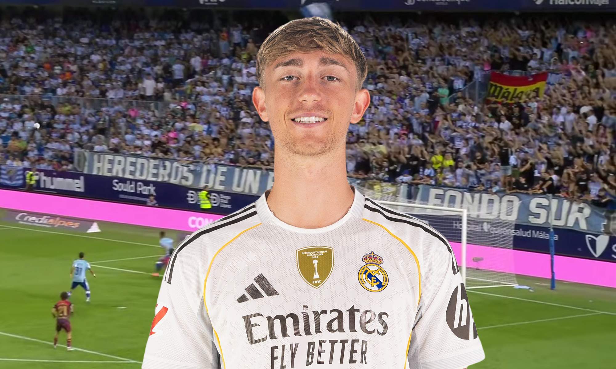 Dean Huijsen con la camiseta del Real Madrid y el estadio del Málaga. 