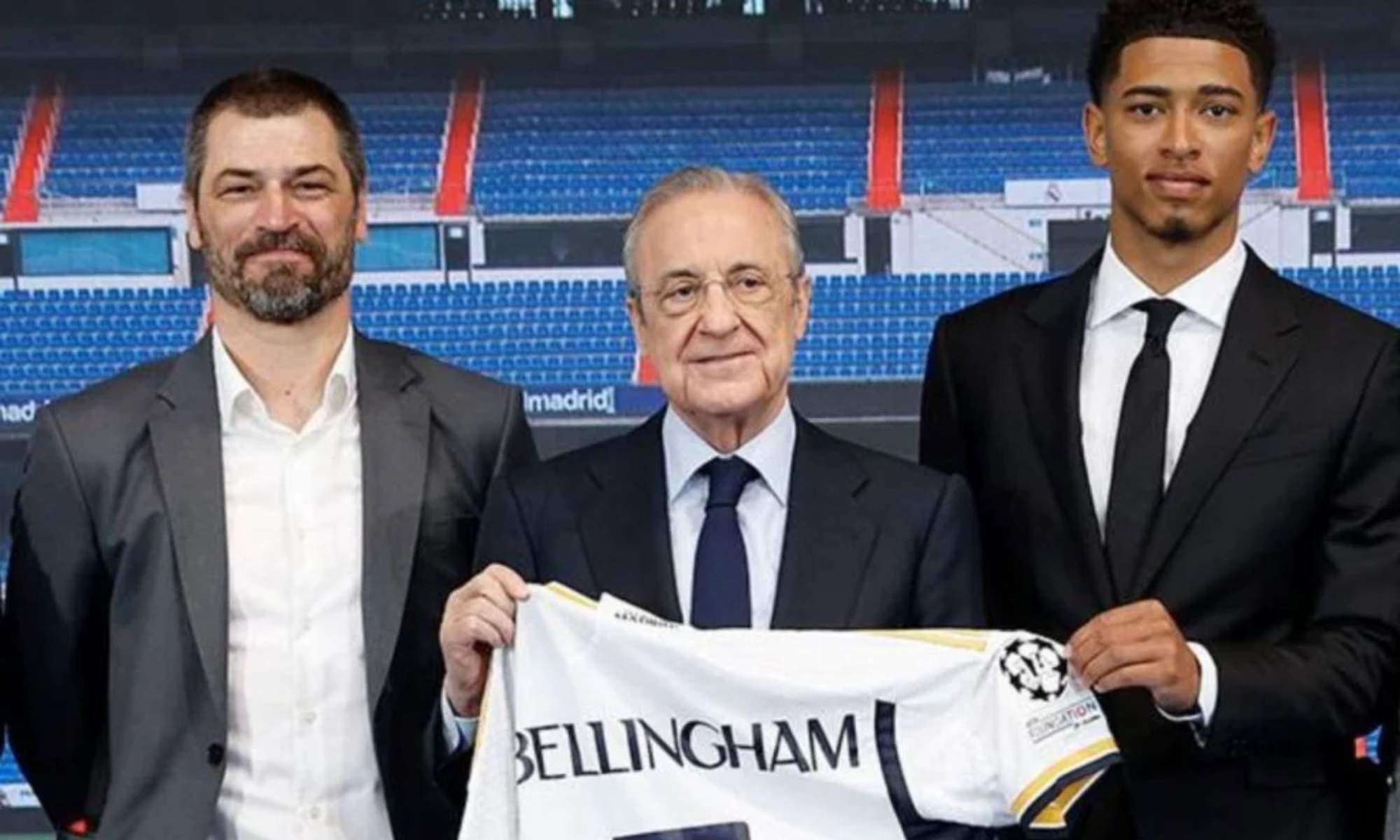 Florentino Pérez, junto a Jude Bellingham y el padre de éste, Mark.