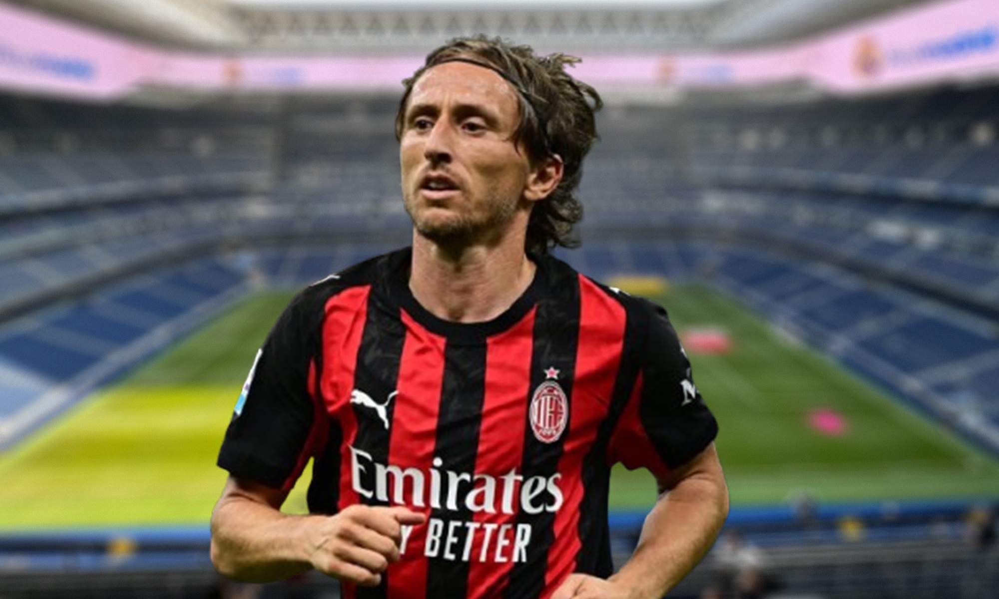 Luka Modric con la camiseta del Milan y el Santiago Bernabéu. Luka Modric con la camiseta del Milan y el Santiago Bernabéu.