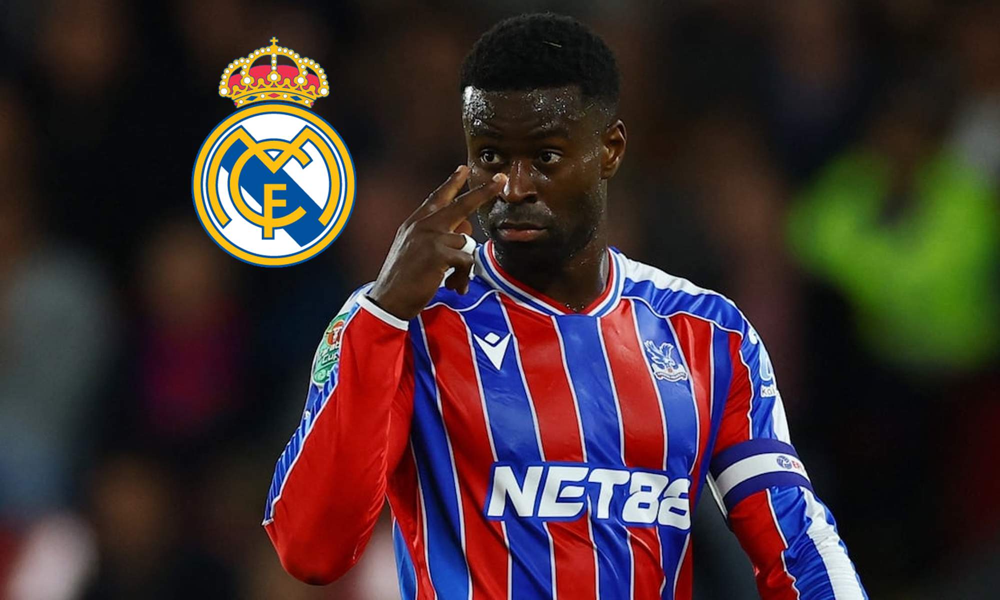 Marc Guehi con el Crystal Palace y un escudo del Real Madrid. 