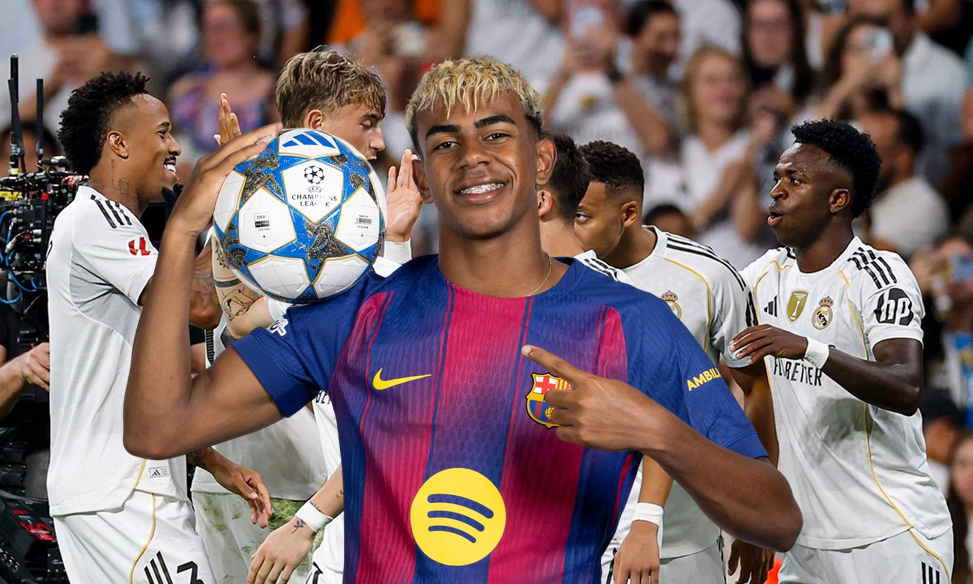 Lamine Yamal con la camiseta del Barcelona y jugadores del Real Madrid.
