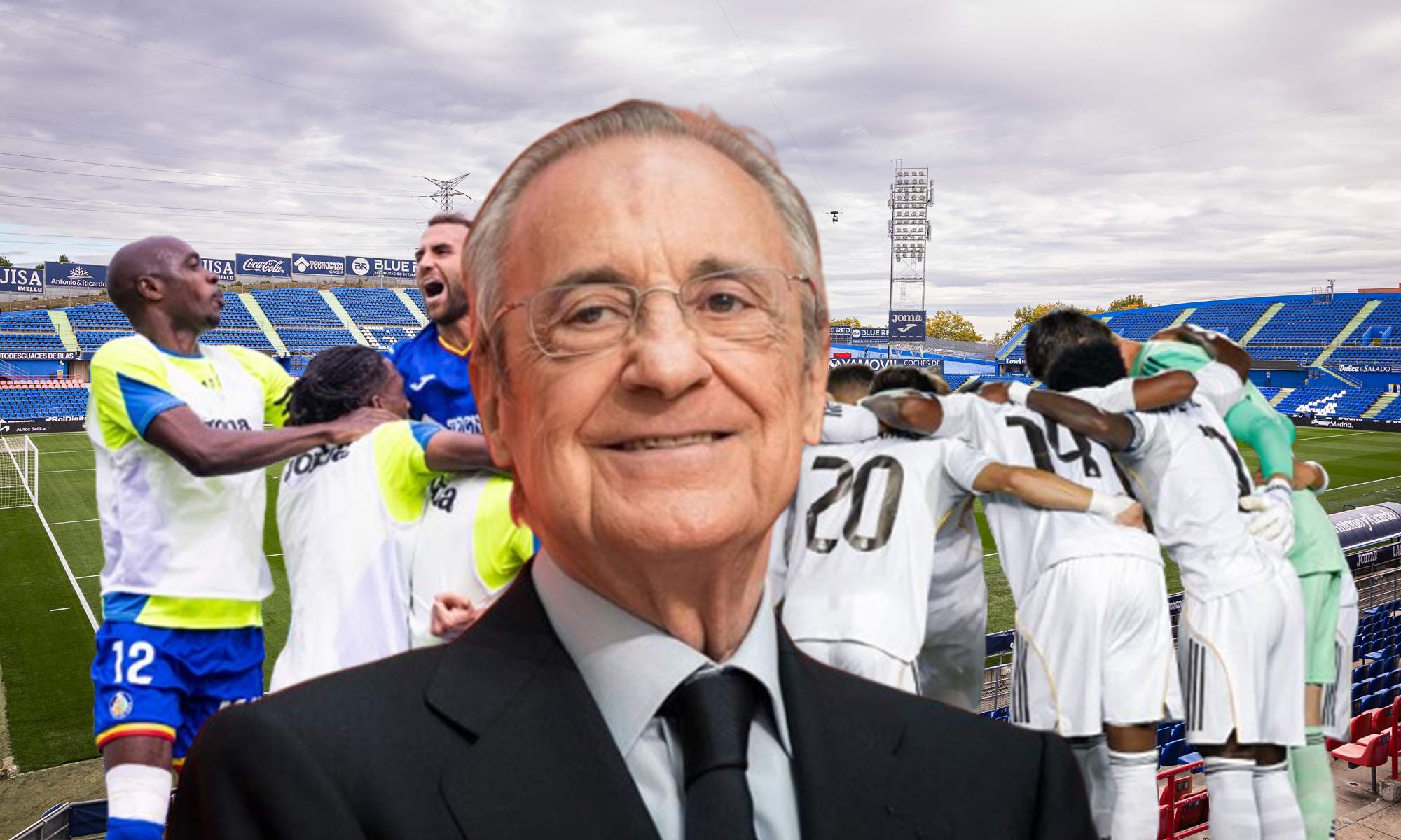 Florentino Pérez, jugadores del Getafe y del Real Madrid. 