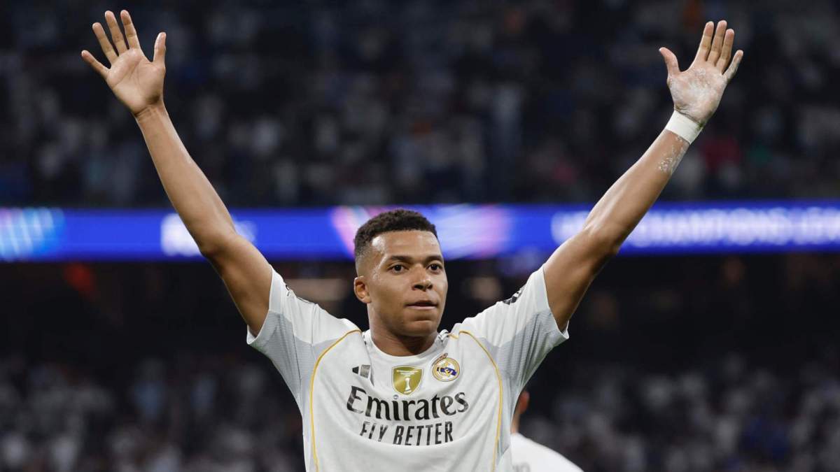 Kylian Mbappé, celebrando un gol con el Real Madrid durante un partido de Champions de esta temporada.